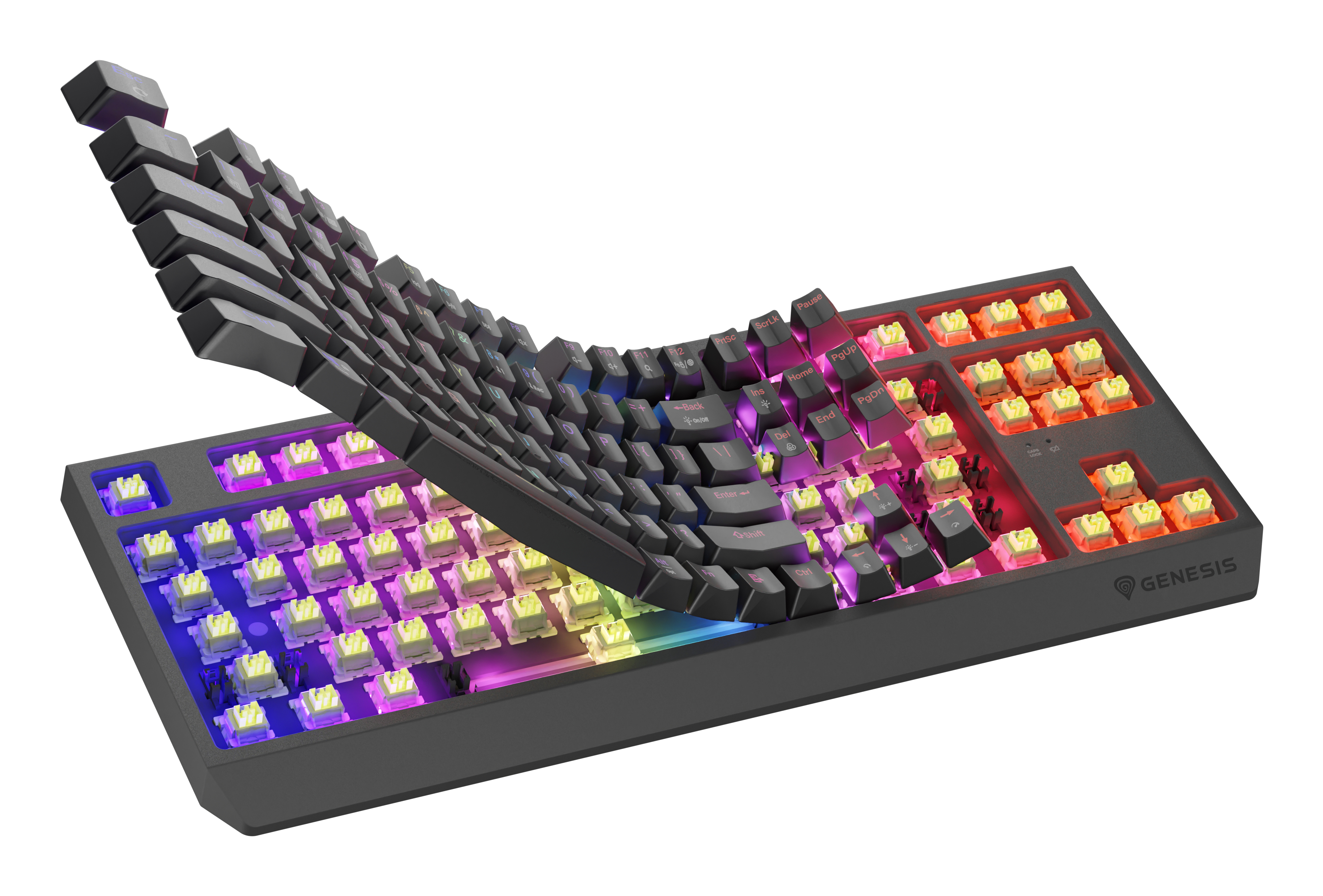 Un clavier dont les touches sont relevées et fléchies en arc, révélant des lumières colorées. Le clavier est noir.