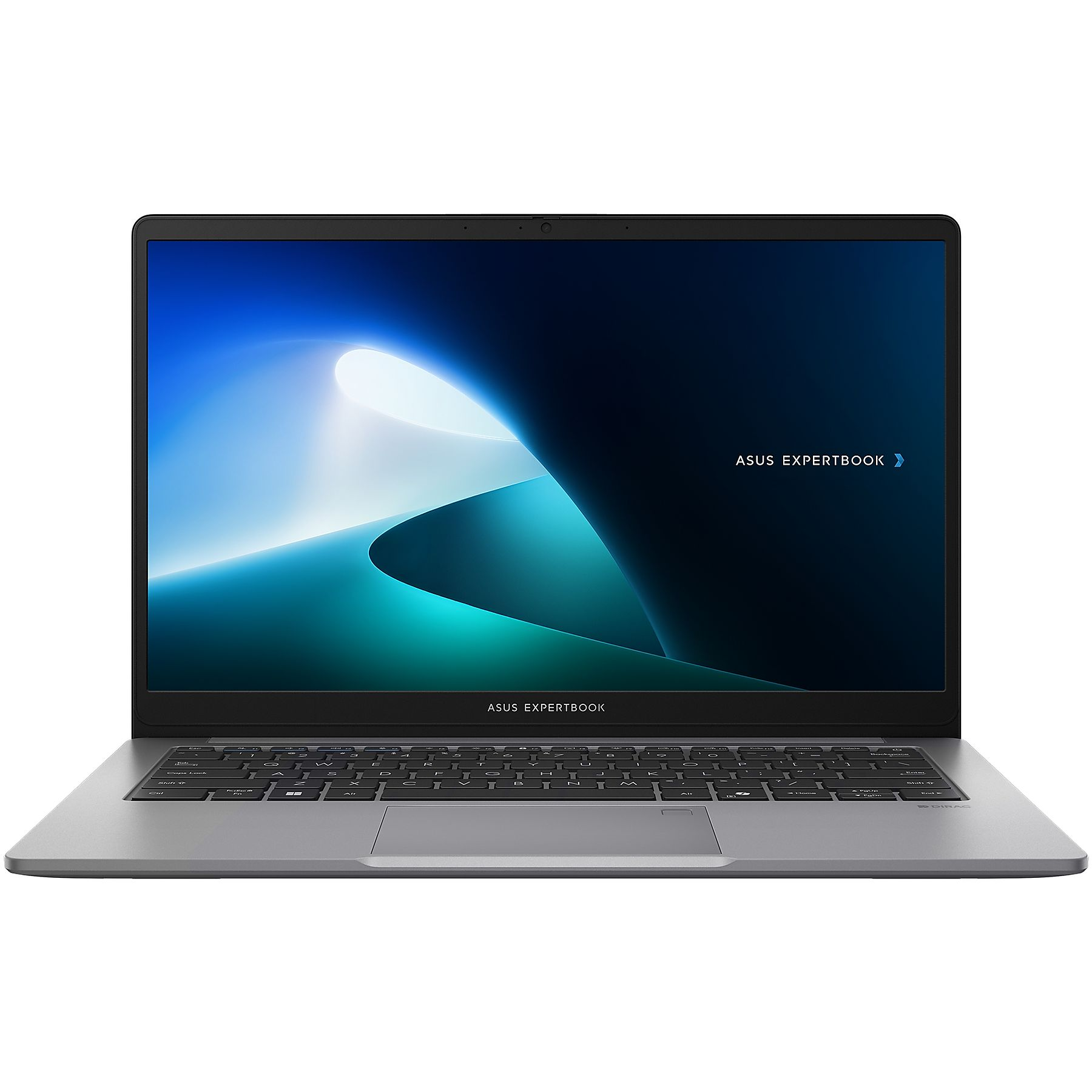 Laptop argento con tastiera nera e schermo con grafica blu e nera.