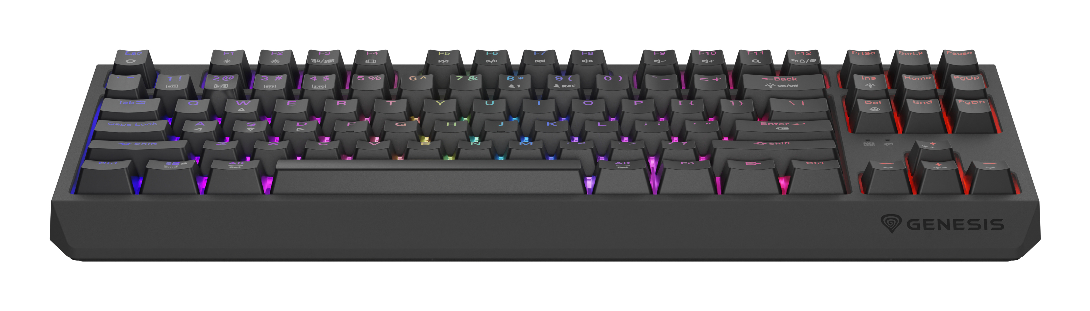 Clavier de jeu noir avec touches éclairées en couleurs. Logo Genesis visible.