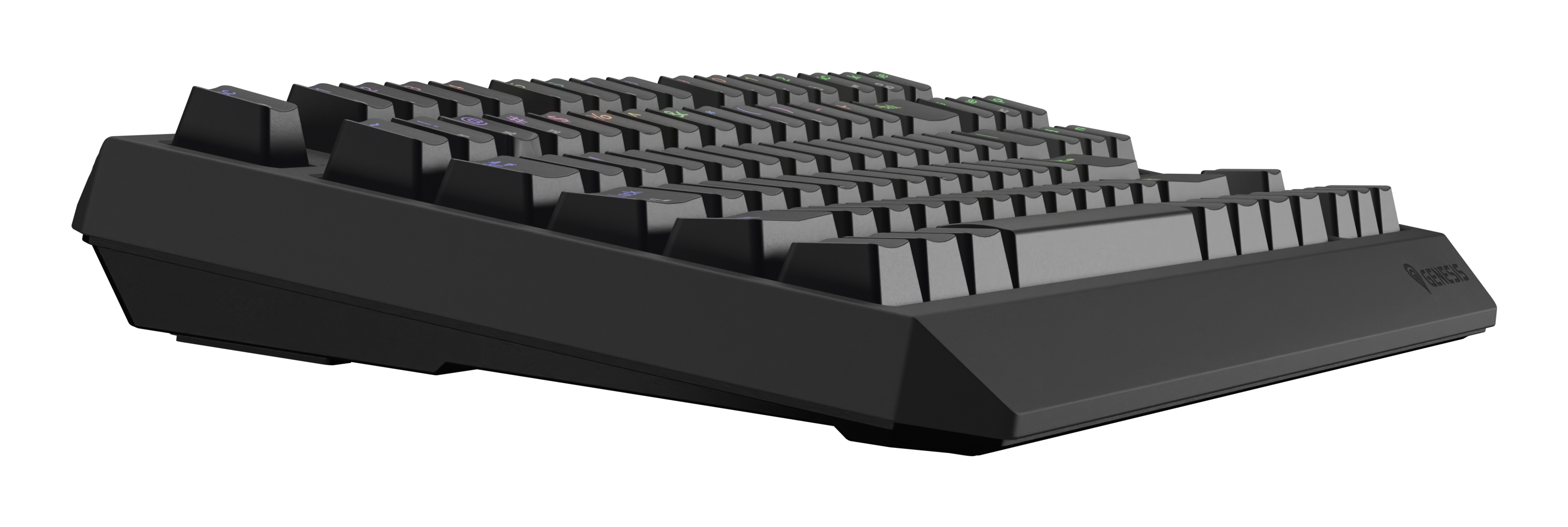 Clavier de jeu noir. Le clavier est incliné, montrant le profil latéral.