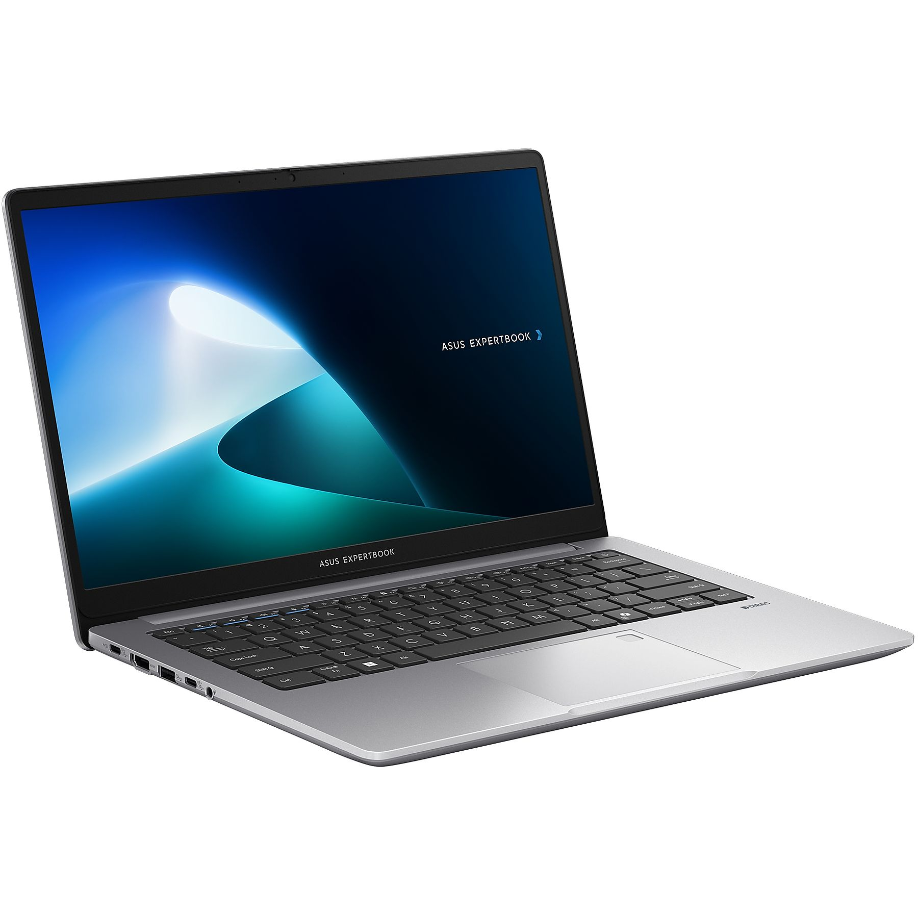 Laptop argento su superficie bianca. Schermo acceso, design blu.