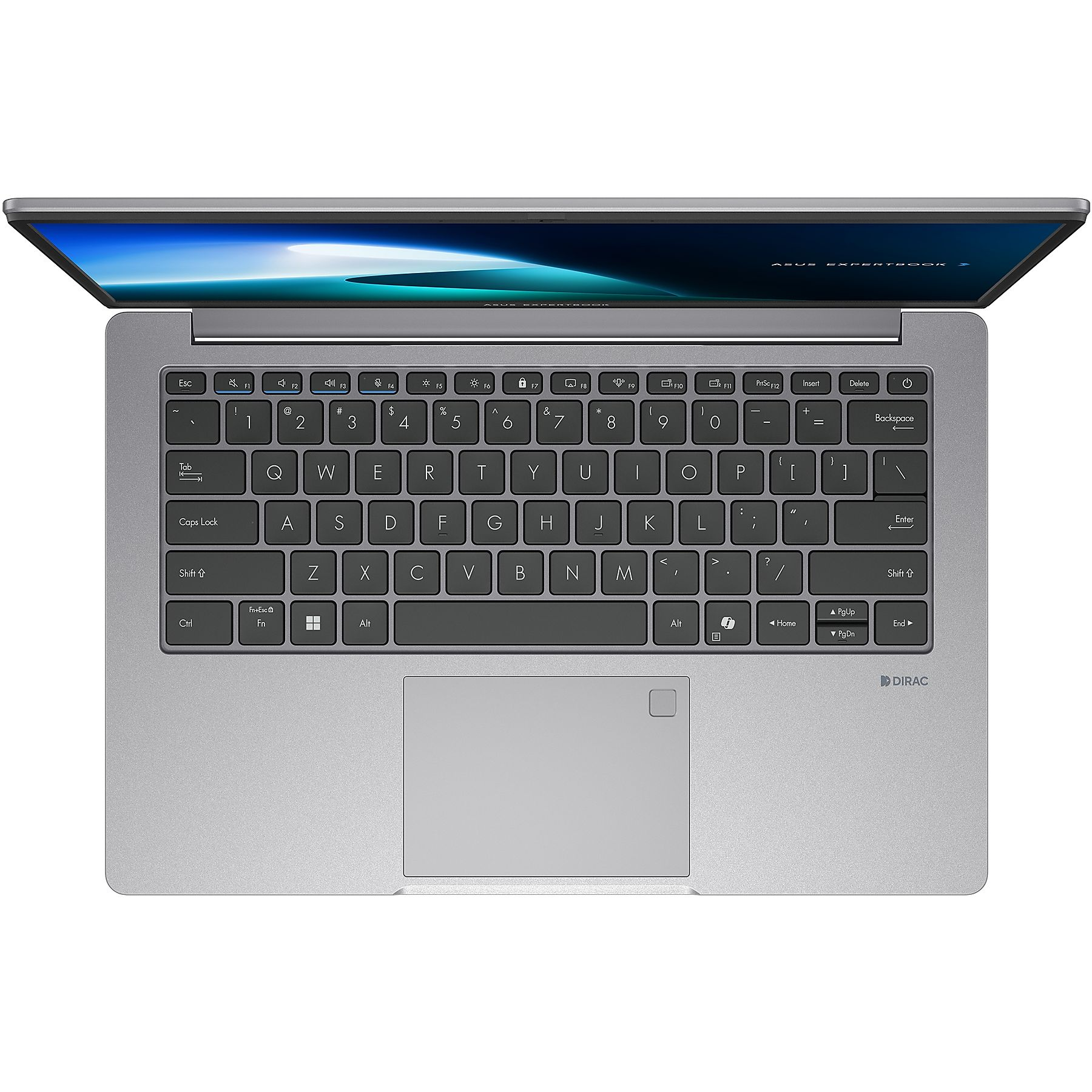 Laptop argento, aperto, vista dall'alto. Tastiera visibile, touchpad e schermo. Sfondo bianco.