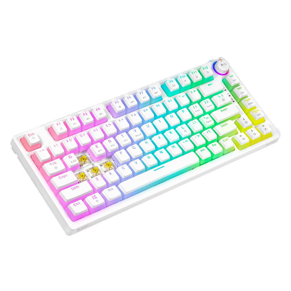 Biała klawiatura z kolorowymi klawiszami i białą podstawą na białym tle.