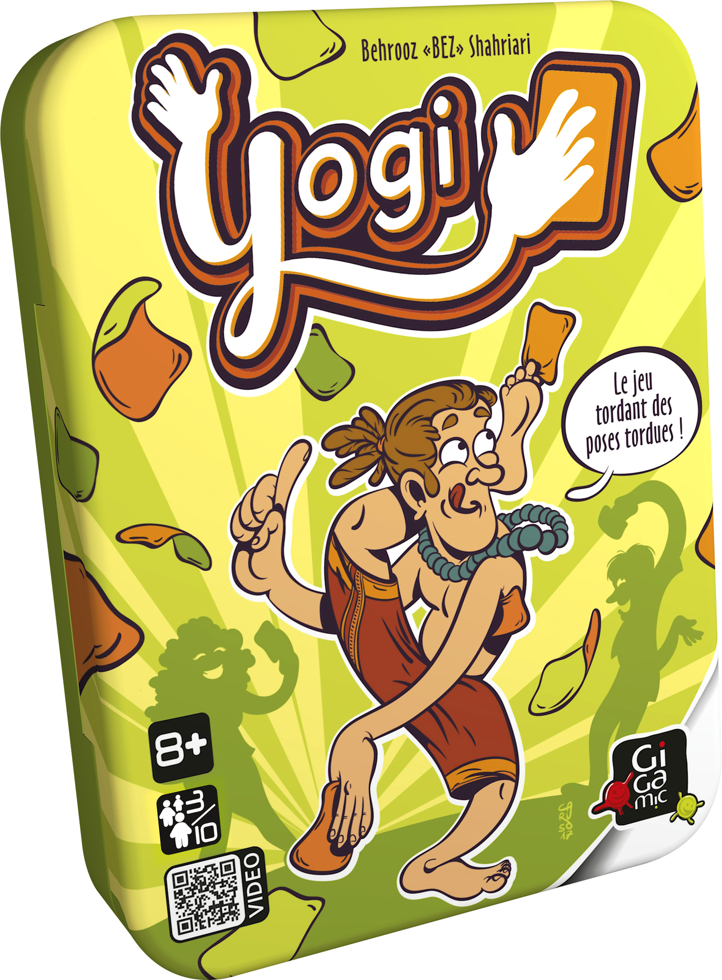 Pudełko do gry planszowej "Yogi". Na pudełku karykatura pozycji jogi, z tekstem.
