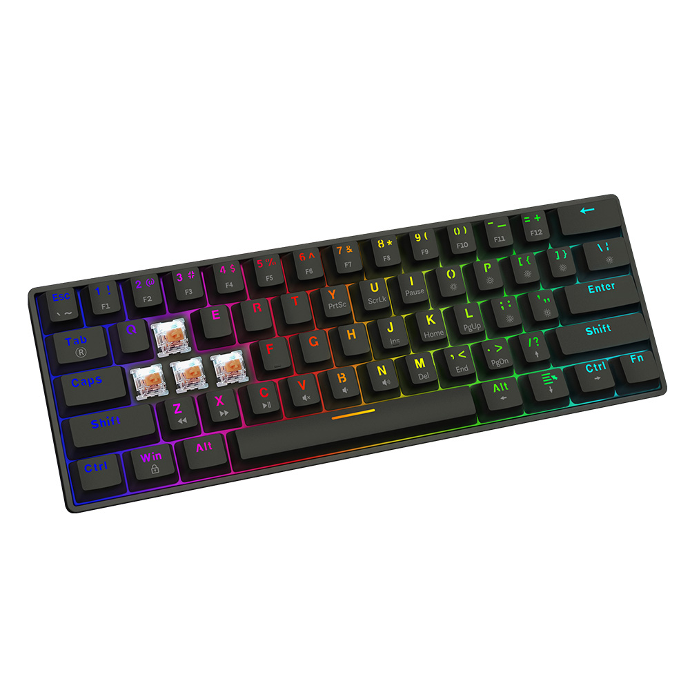 Czarna klawiatura mechaniczna z kolorowymi klawiszami, światłami RGB. Klawisze w układzie QWERTY.