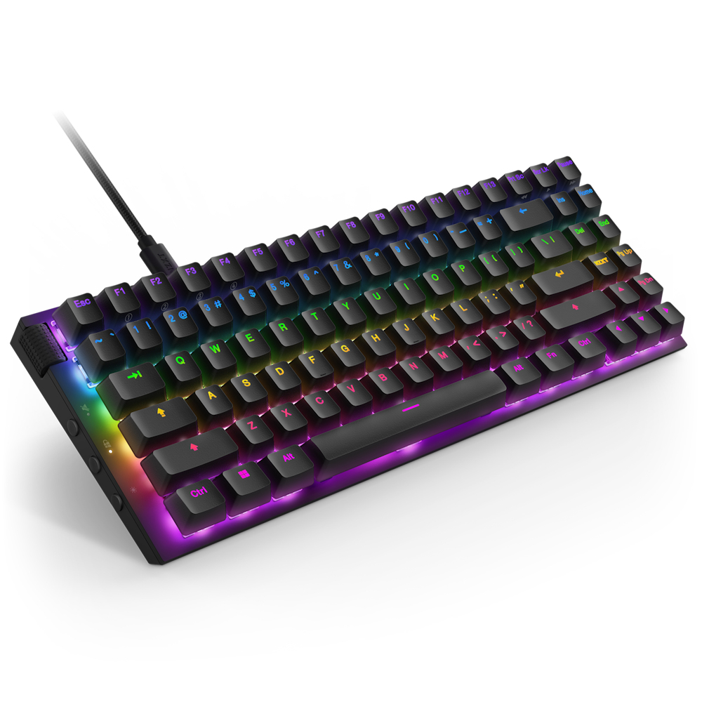 Zwart gamingtoetsenbord met kleurrijke verlichte toetsen en een aangesloten kabel.