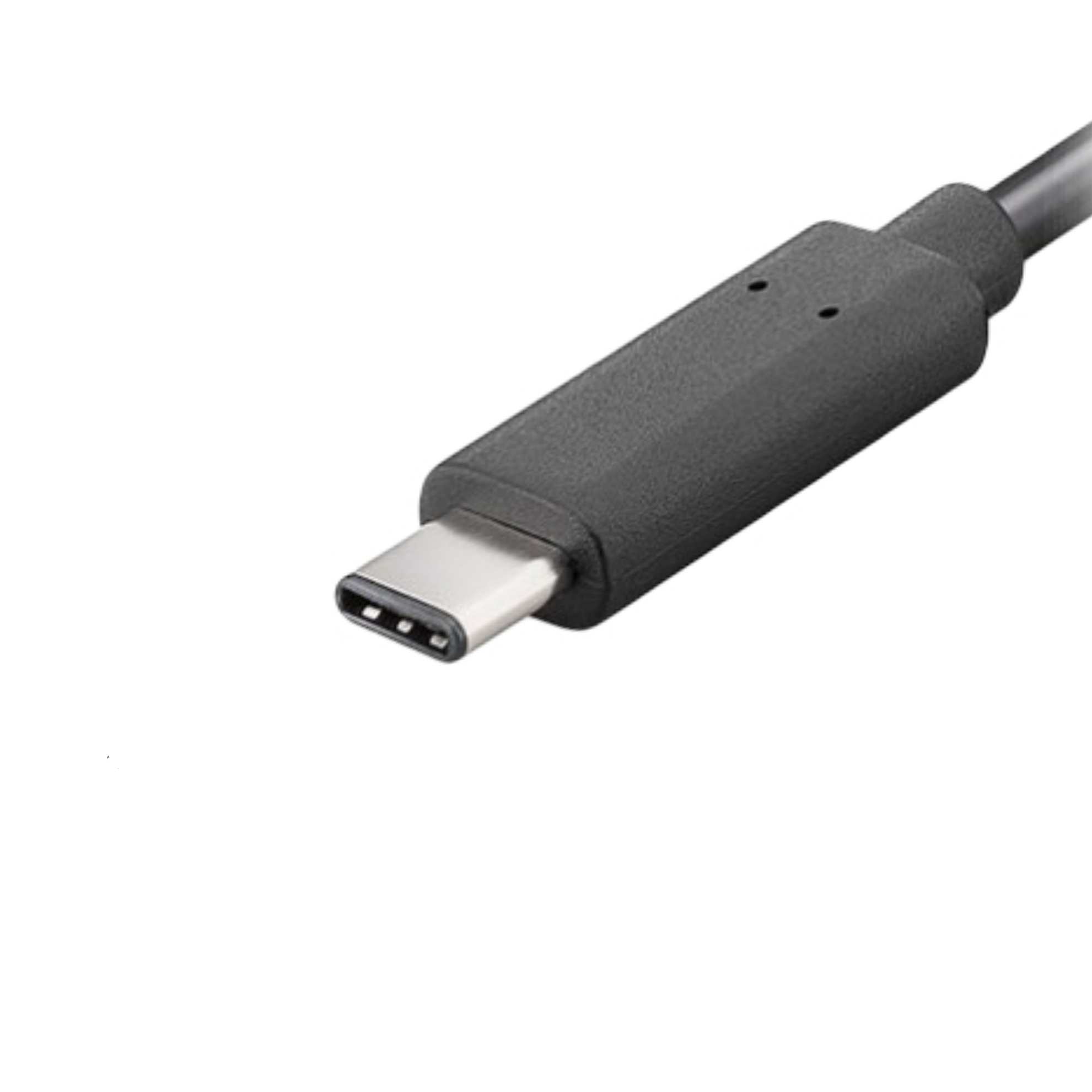 Czarny konektor USB-C na białym tle. Kabel wychodzi z konektora.
