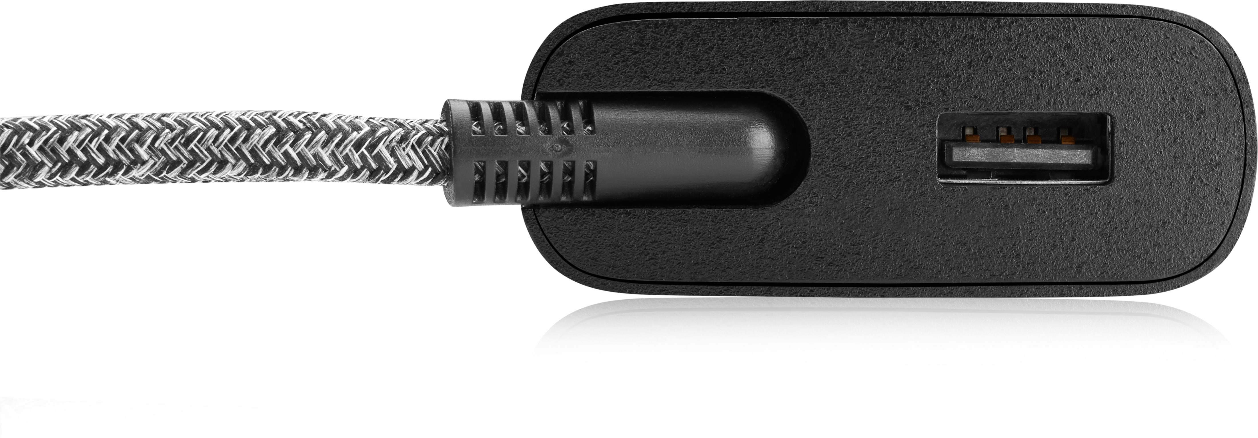 Schwarzes Netzteil mit USB-Anschluss. Das Kabel ist schwarz, der Adapter hat eine weiße Reflexion.