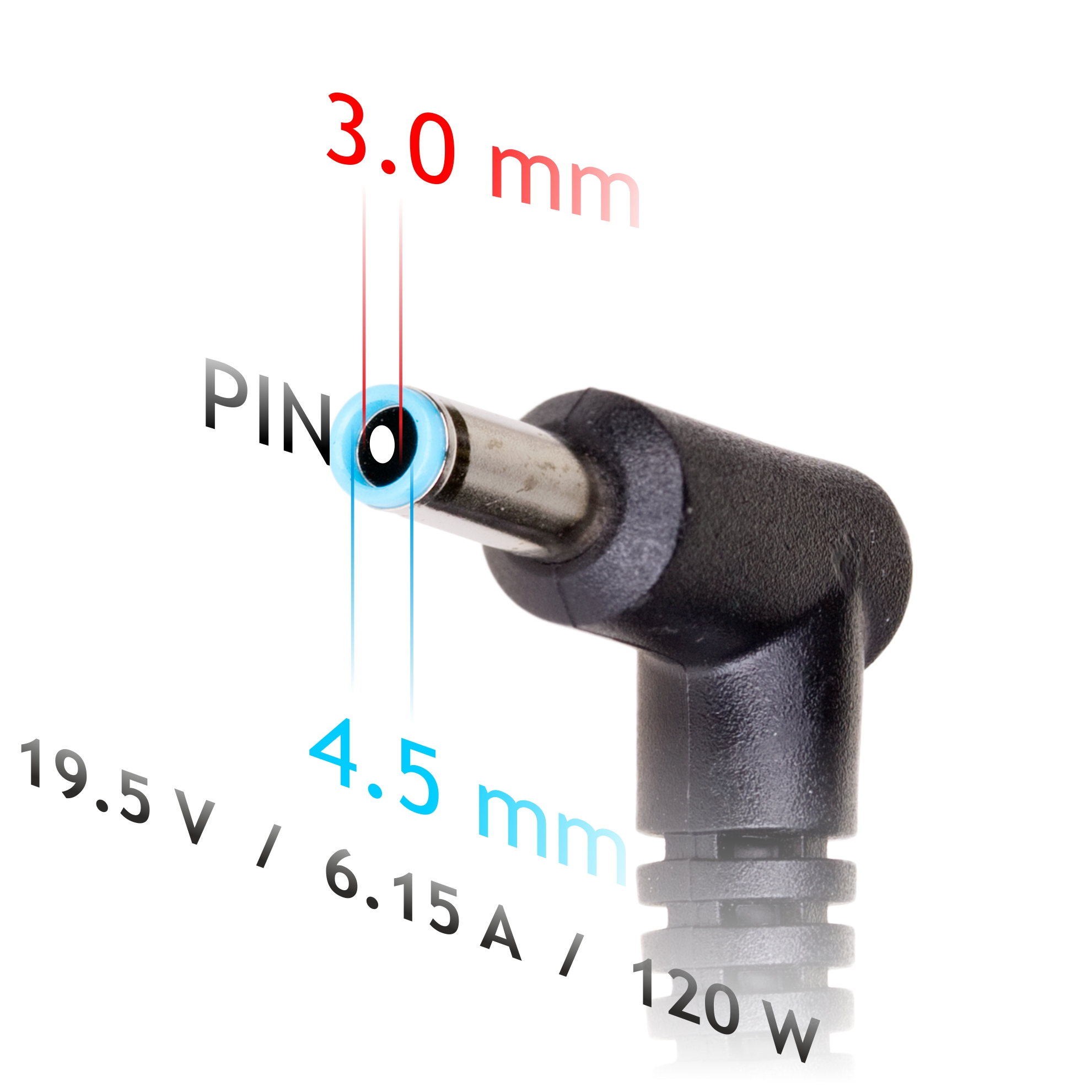 Zbliżenie czarnego zasilacza z wymiarami i tekstem na białym tle.