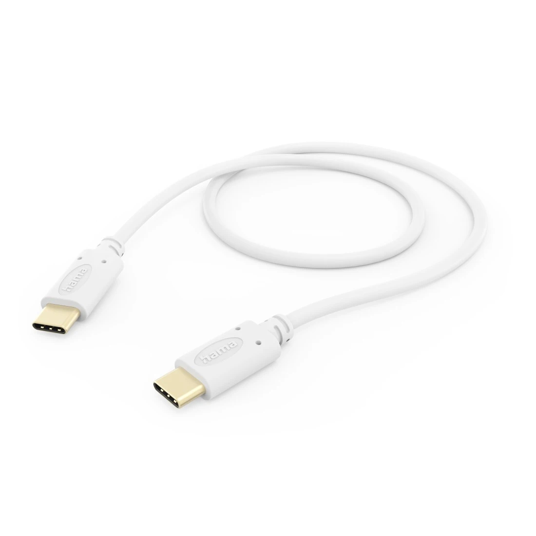 Cavo USB-C bianco. Entrambe le estremità hanno connettori USB-C. Il cavo è su una superficie bianca.