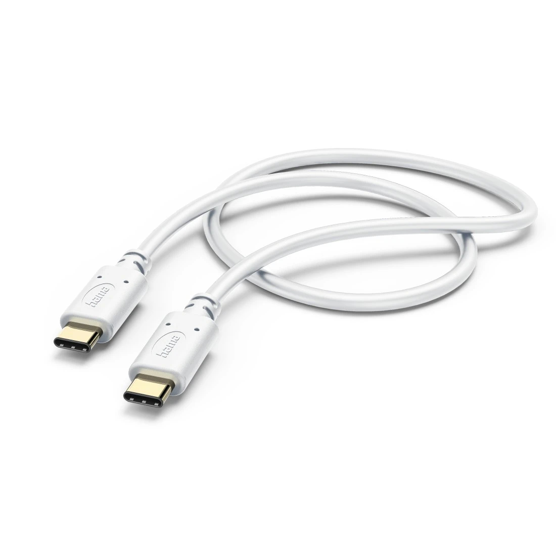 Cavo USB-C bianco con due connettori, curvo su sfondo bianco.