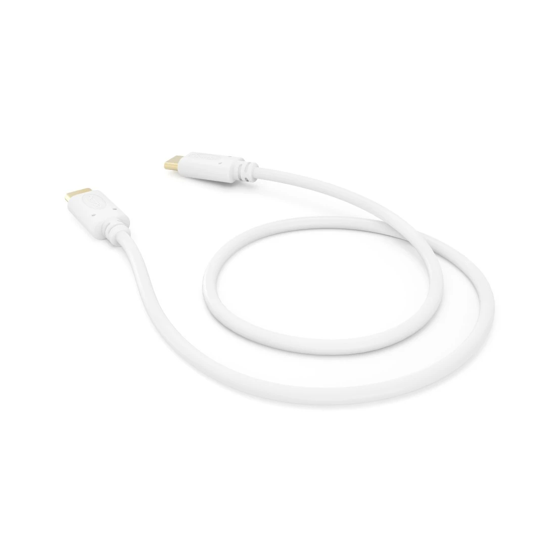 Cavo USB-C bianco con connettori ad ogni estremità, arrotolato su una superficie bianca.