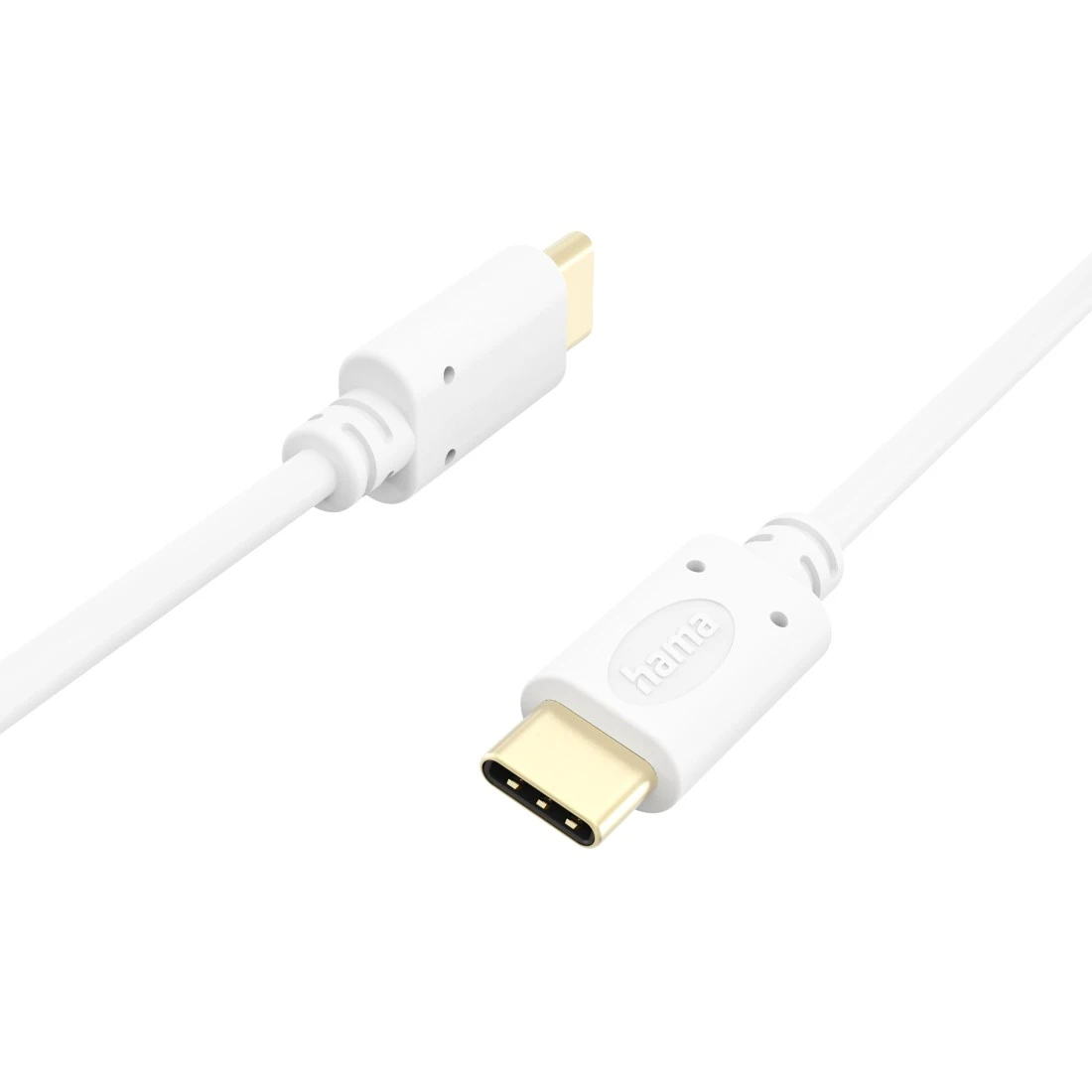 Cavo USB-C bianco. Entrambe le estremità hanno connettori USB-C. Il cavo è su una superficie bianca.