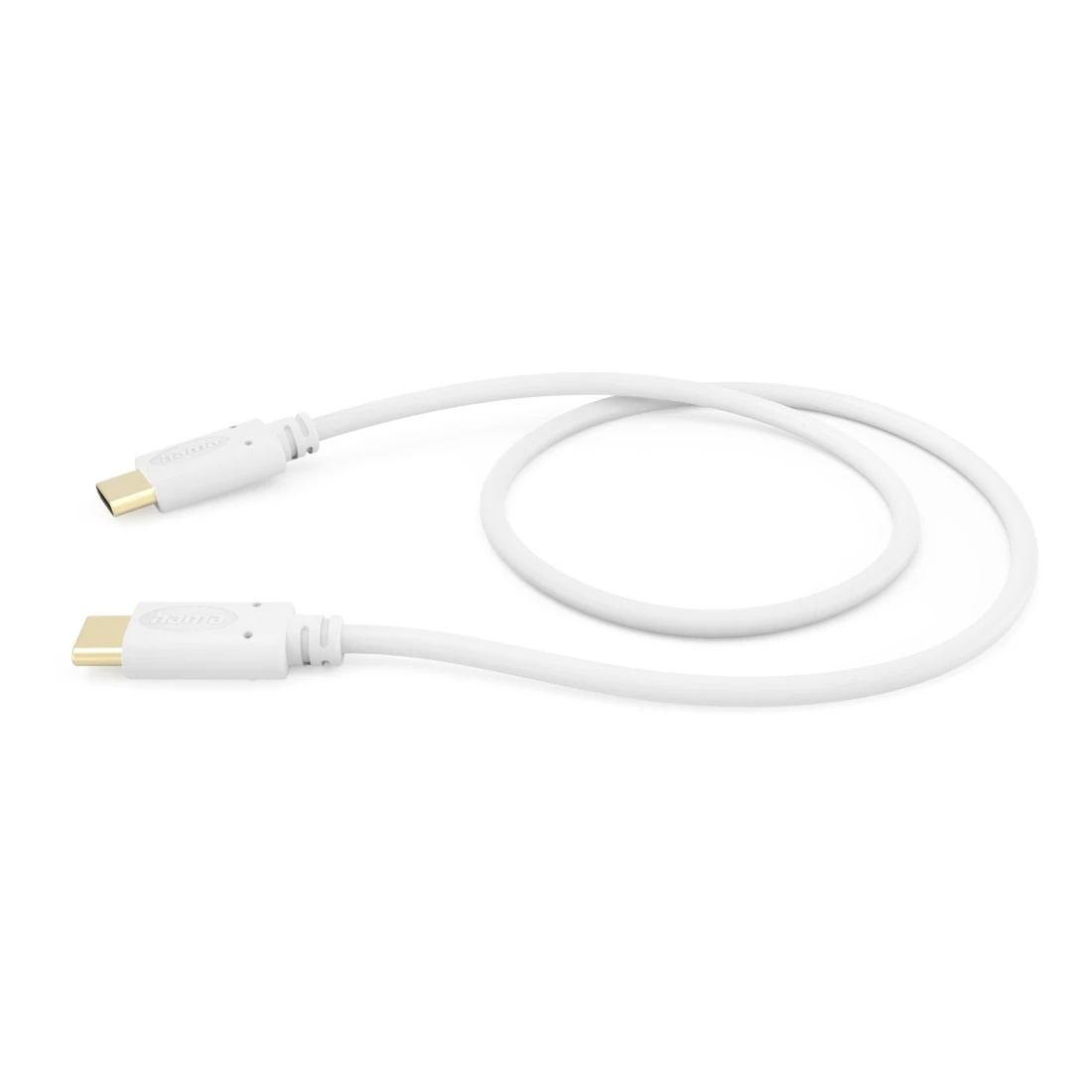 Cavo USB-C bianco. Entrambe le estremità hanno connettori USB-C. Il cavo è su una superficie bianca.
