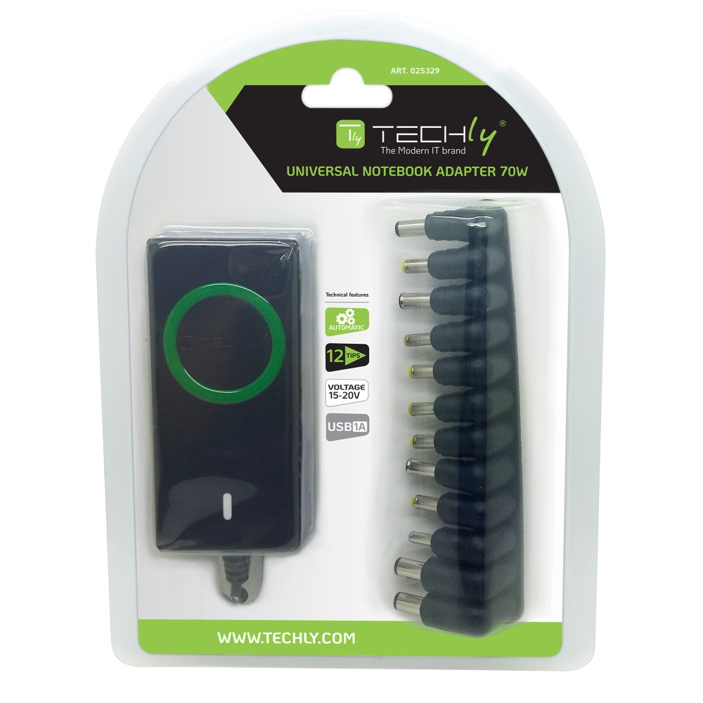 Universal-Notebook-Adapter in Blisterverpackung, schwarzer Adapter mit verschiedenen Spitzen.
