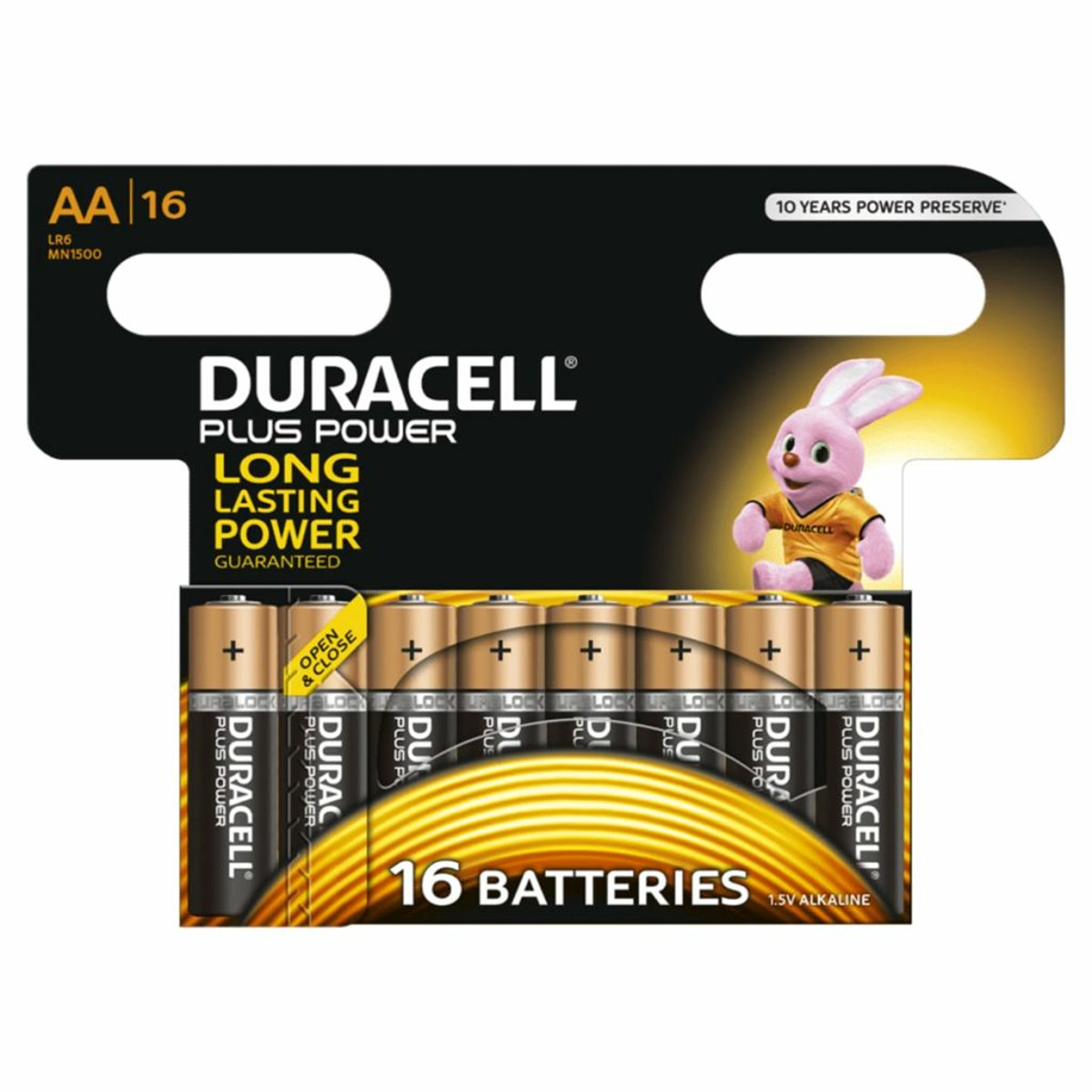 Una confezione di batterie Duracell, con 16 batterie AA visibili.