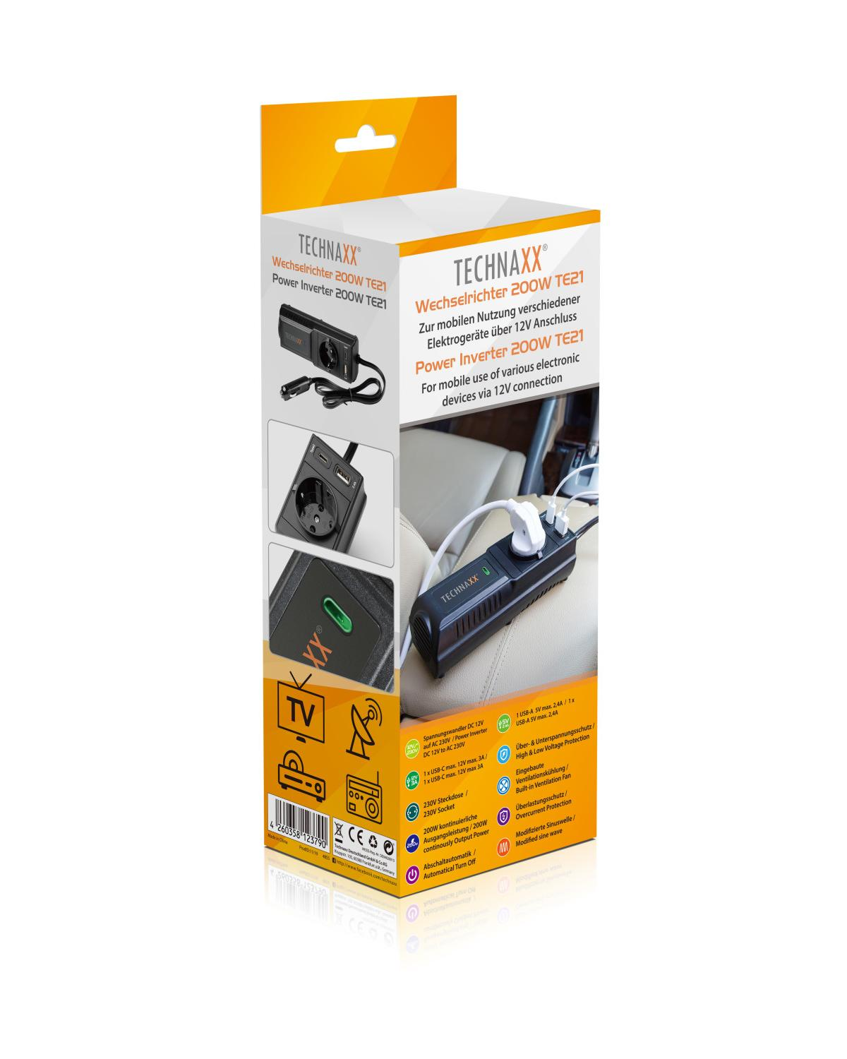 Pudełko z falownikiem, ze zdjęciami i tekstem w wielu językach.