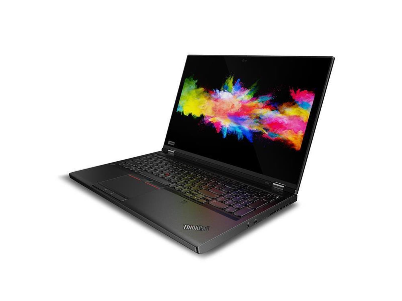 Schwarzer ThinkPad Laptop offen, mit farbenfrohem, abstraktem Bild auf dem Bildschirm. Weißer Hintergrund.