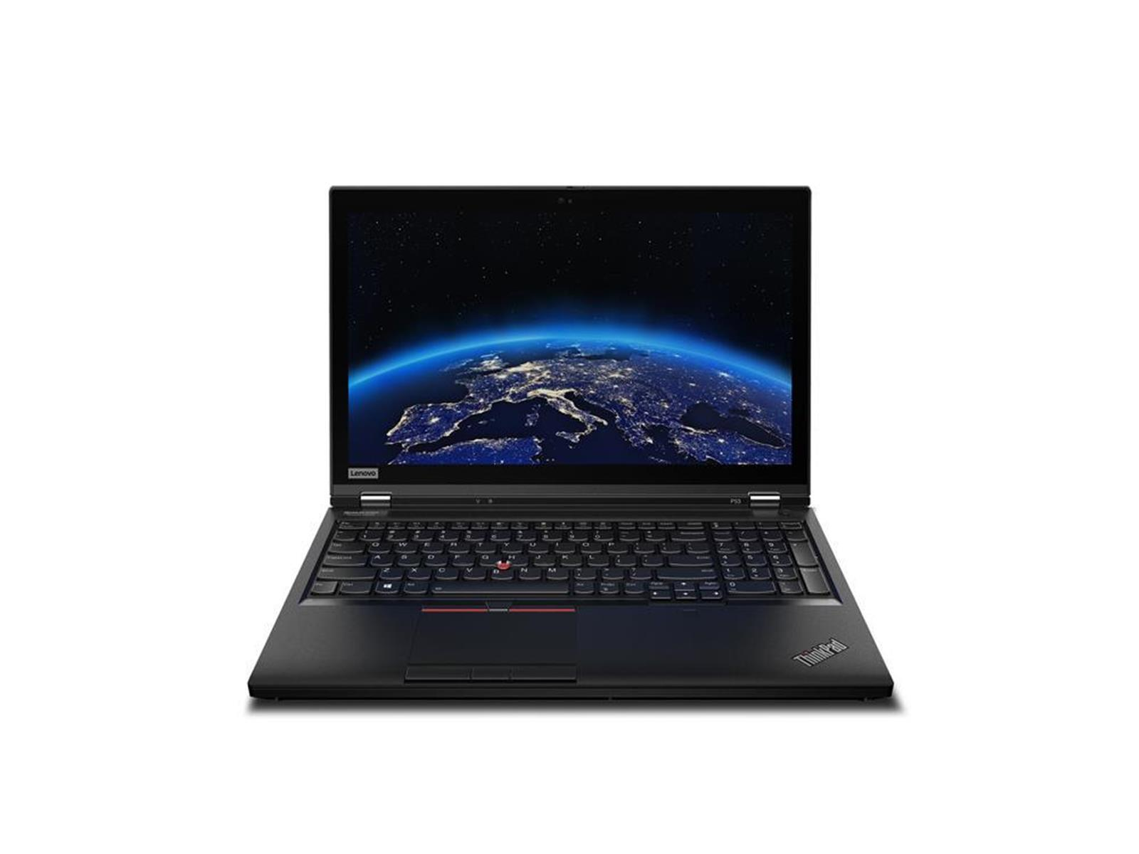 Schwarzer ThinkPad-Laptop, offen, auf weißem Hintergrund. Bildschirm zeigt Nachtansicht der Erde. ThinkPad-Logo unten.