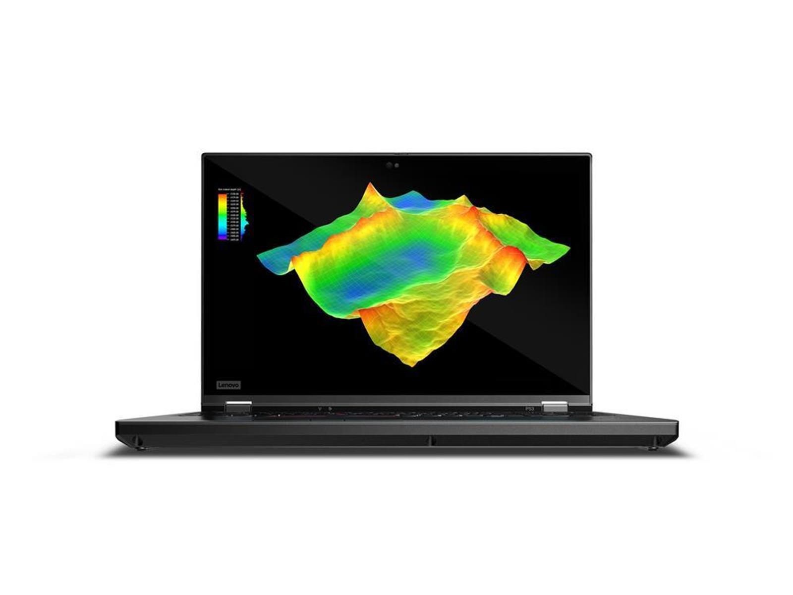 Schwarzer ThinkPad Laptop, offen, mit farbenfroher 3D-Oberflächengrafik auf dem Bildschirm. Weißer Hintergrund.