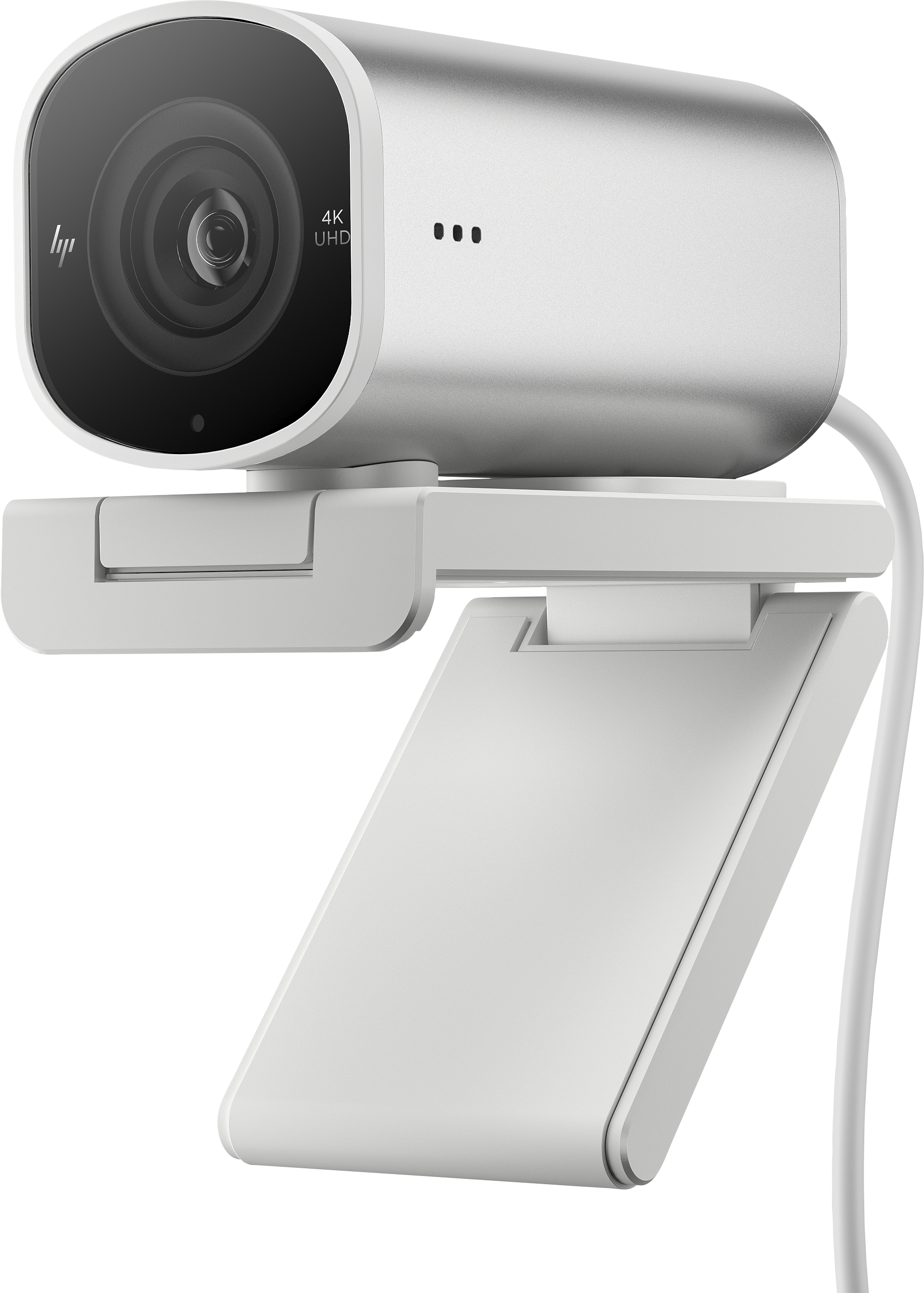 Webcam HP argentata con obiettivo grande e staffa. L'obiettivo è etichettato 4K UHD.
