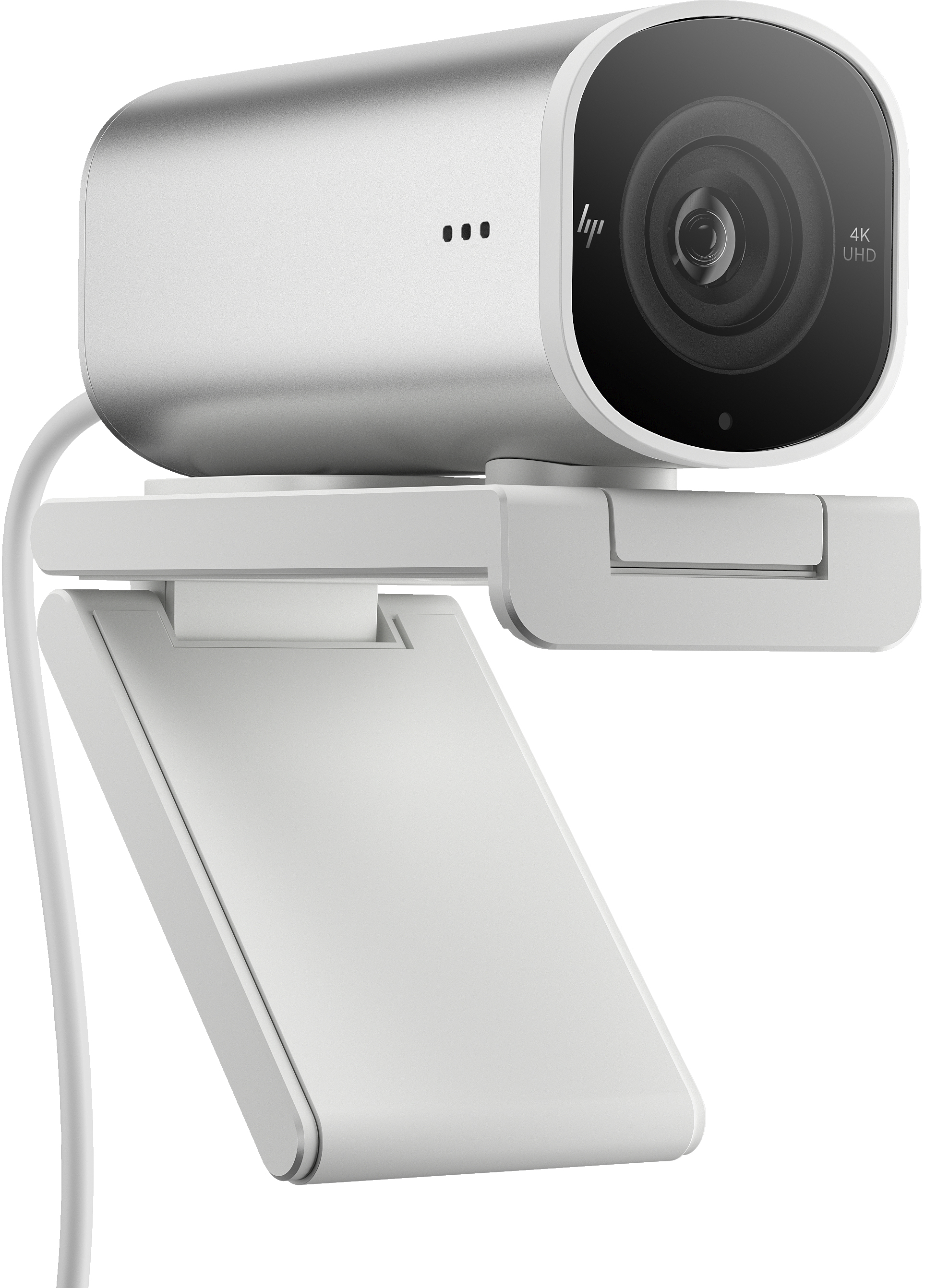 Webcam argentata con supporto bianco, sfondo bianco.