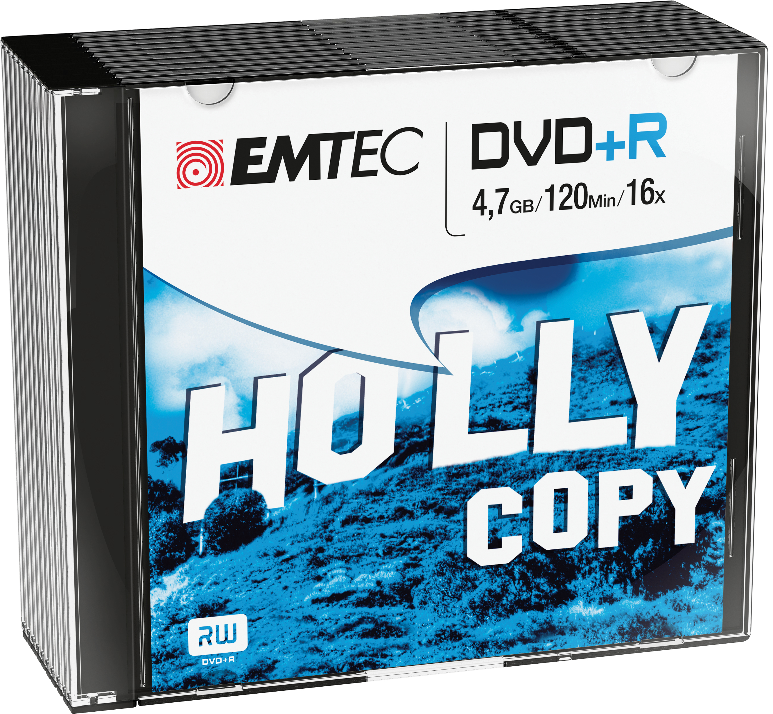 Etui DVD+R z dyskami w środku. Etui jest czarne z niebiesko-białą etykietą. Tekst 'HOLLY COPY' jest widoczny.