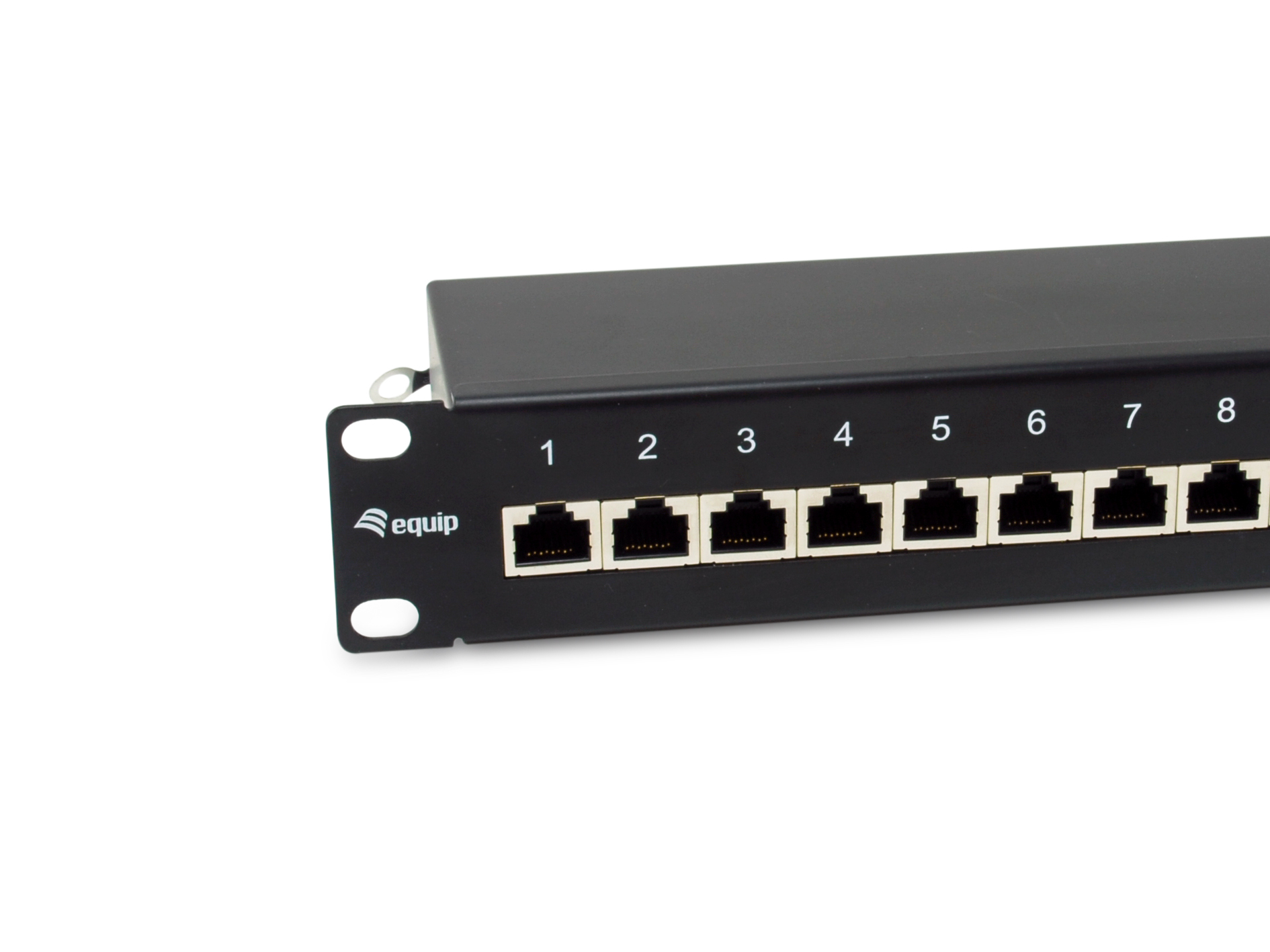 Czarny panel krosowy z 8 portami. Porty są numerowane i mają białe tło. Widoczne logo Equip.