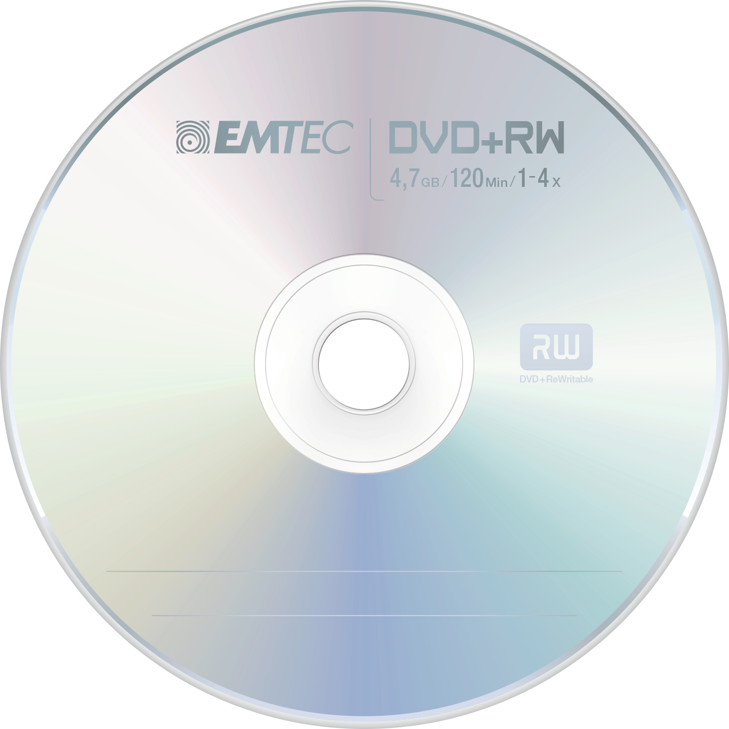 Srebrna płyta DVD+RW. Ma białe tło. Na płycie widoczny tekst 'EMTEC DVD+RW'.