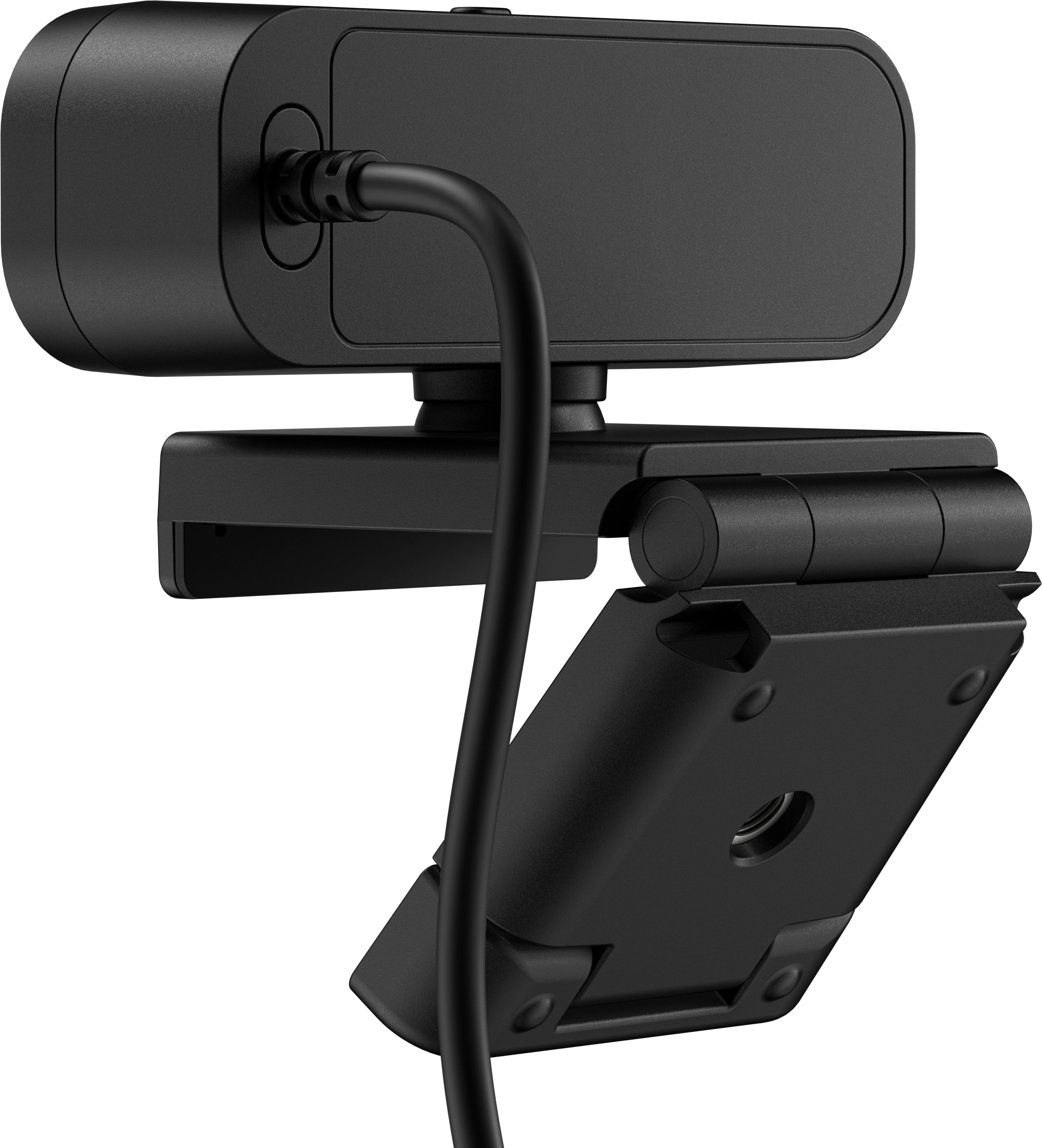 Webcam nera con braccio flessibile. È attaccata a un supporto nero.