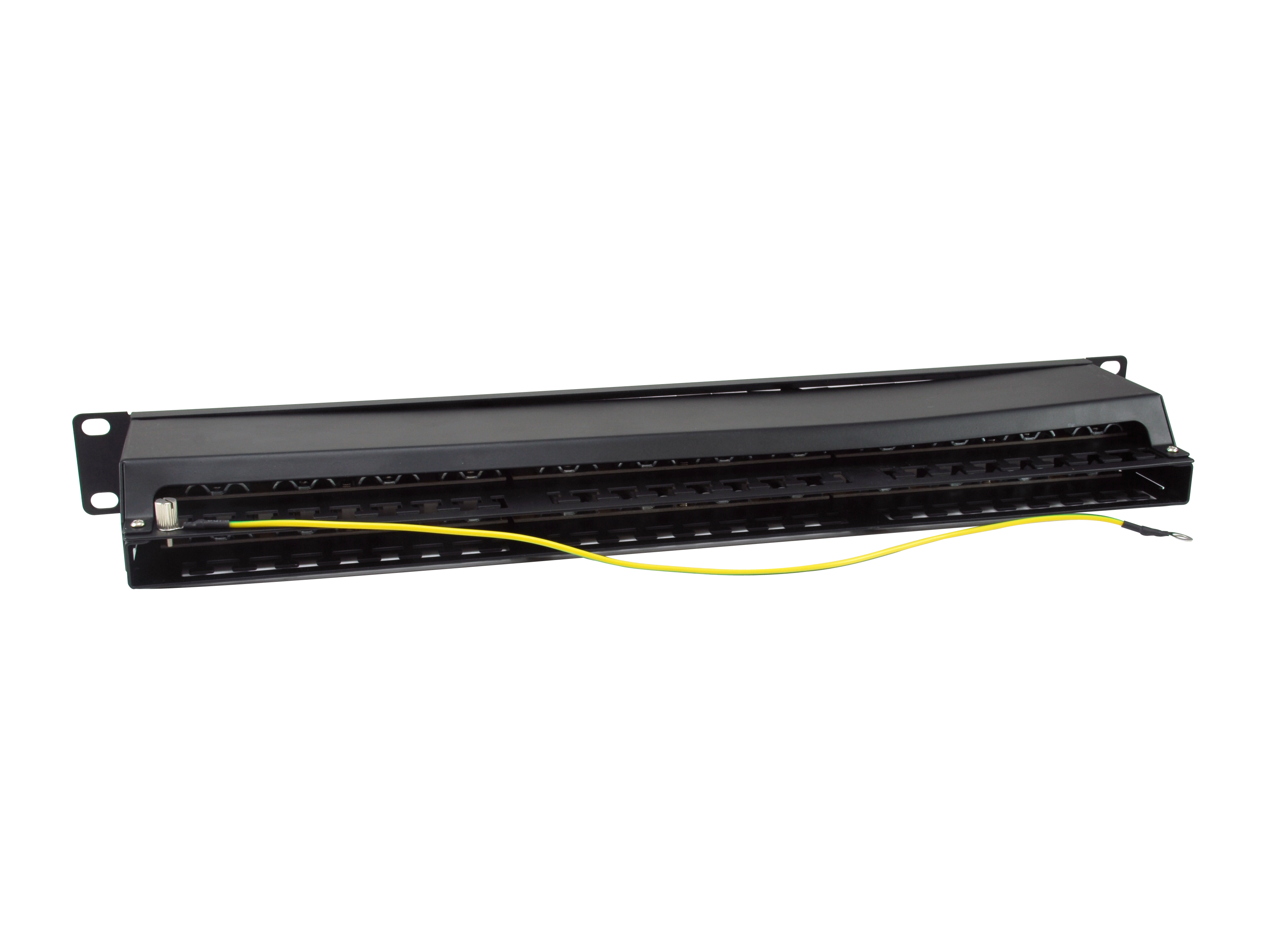 Czarny panel sieciowy z żółtym przewodem i czarną metalową ramą na białym tle.