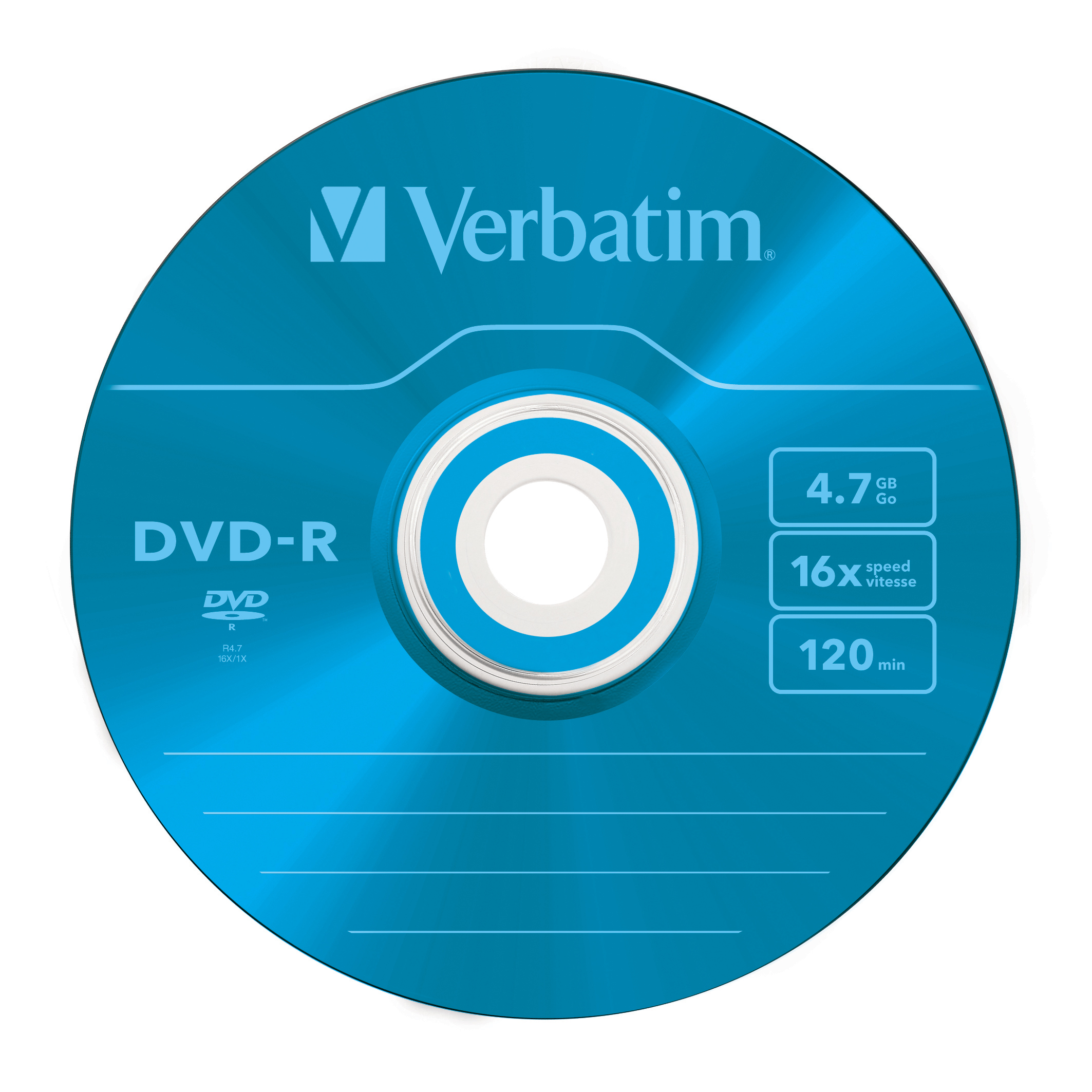 Disco DVD-R Verbatim azul con texto y detalles sobre capacidad, velocidad y tiempo.