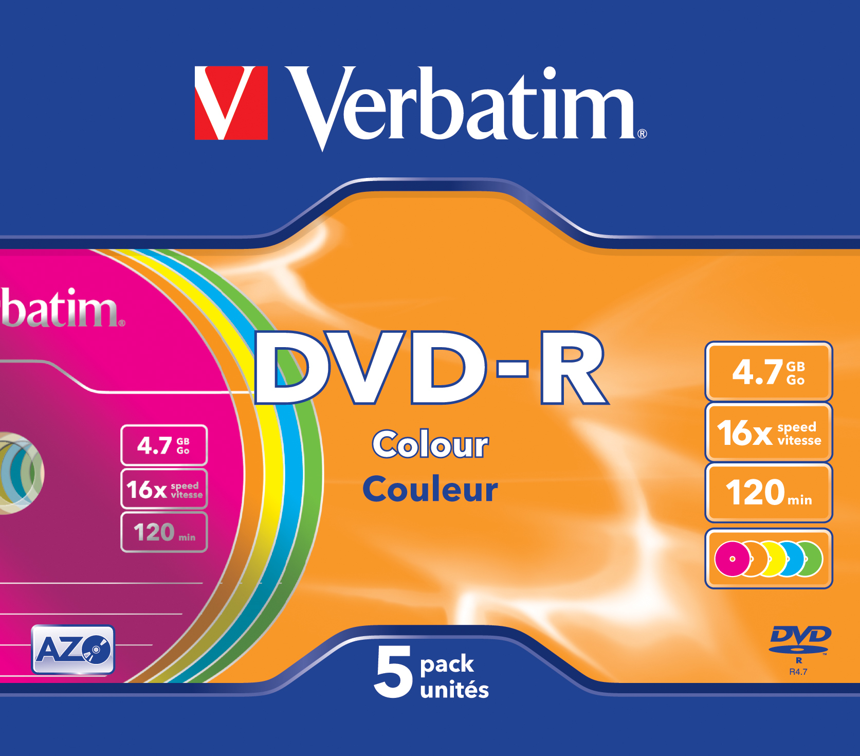 Caja de DVD-R. La caja es azul y naranja. Presenta el logotipo de Verbatim y detalles del DVD-R.