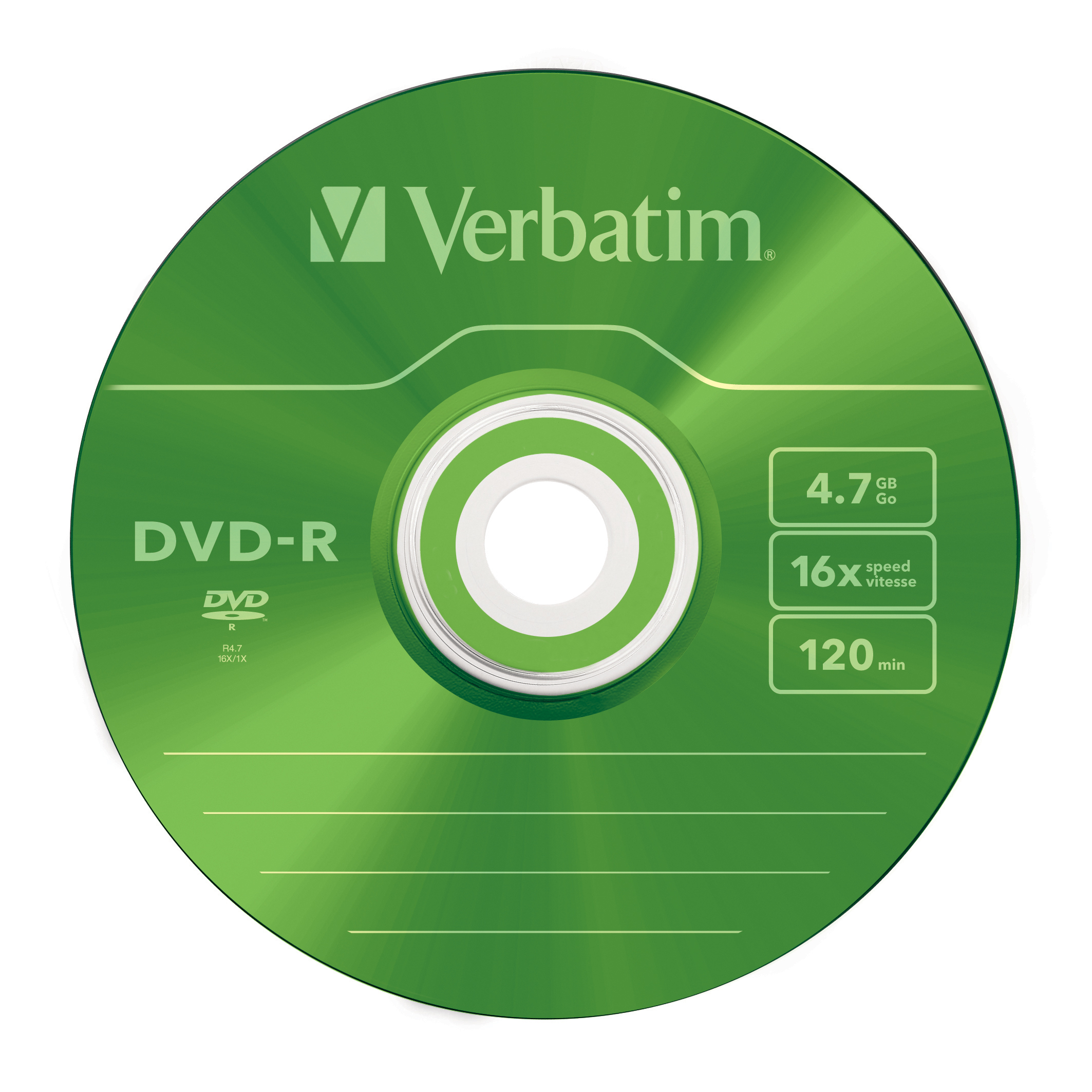 Disco DVD-R verde con etiqueta Verbatim. Tiene detalles sobre el disco como la velocidad y la capacidad.