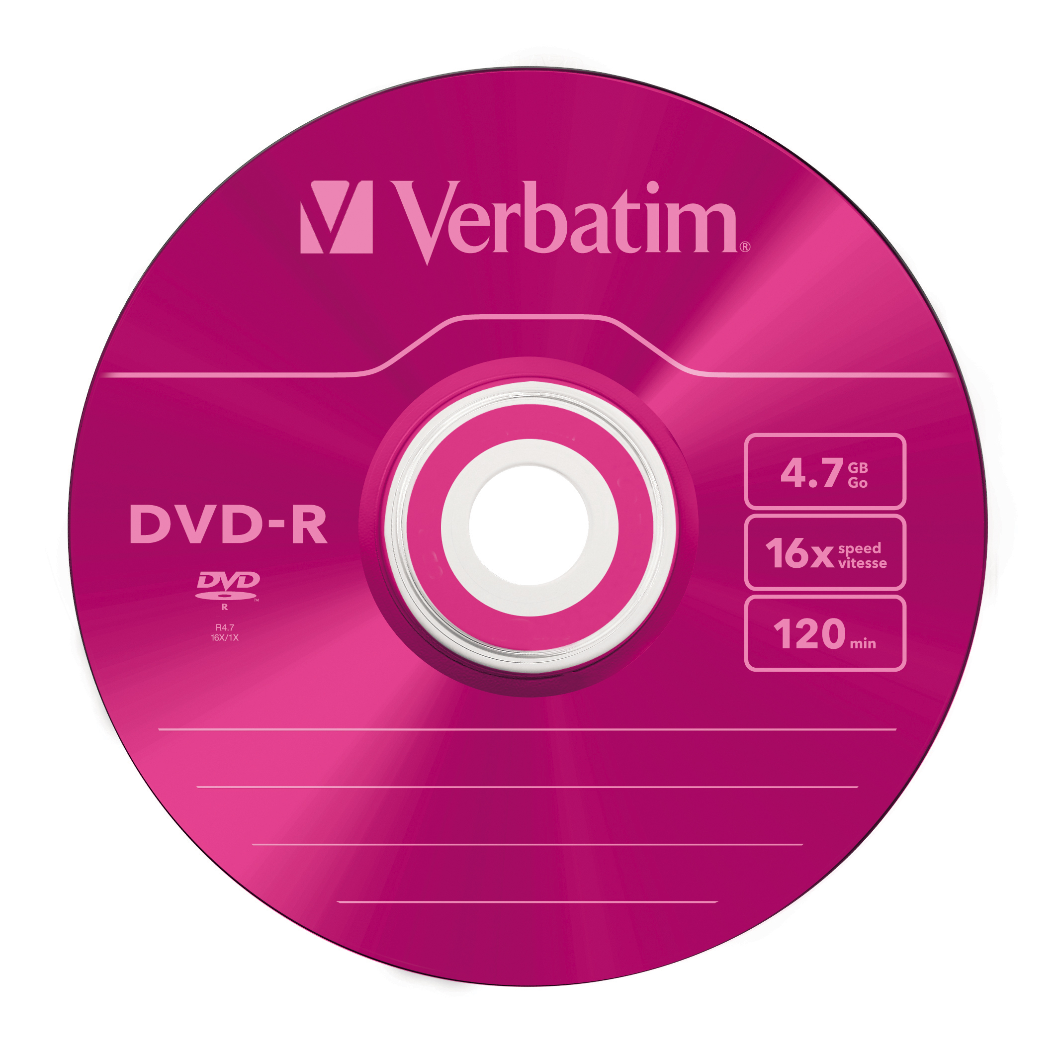 Disco DVD-R Verbatim rosa con texto y números sobre fondo blanco.