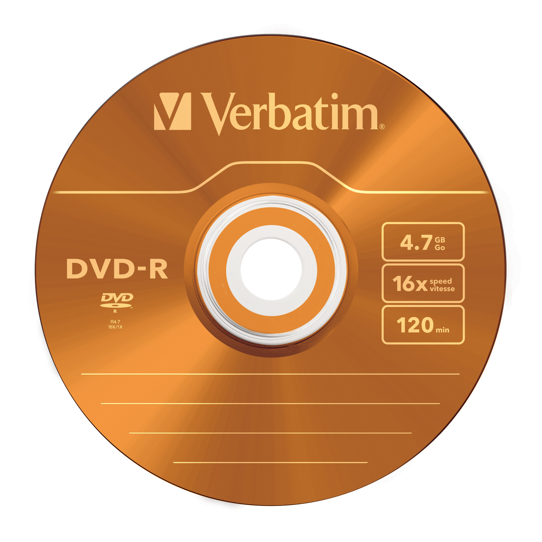 Disco DVD-R Verbatim naranja con texto y números sobre fondo blanco.