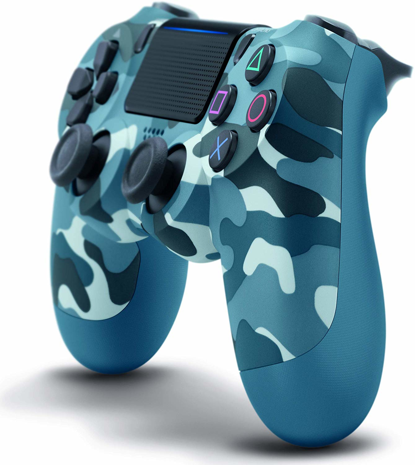 Blauer Tarnmuster-Videospiel-Controller. Knöpfe und Joysticks sind sichtbar.