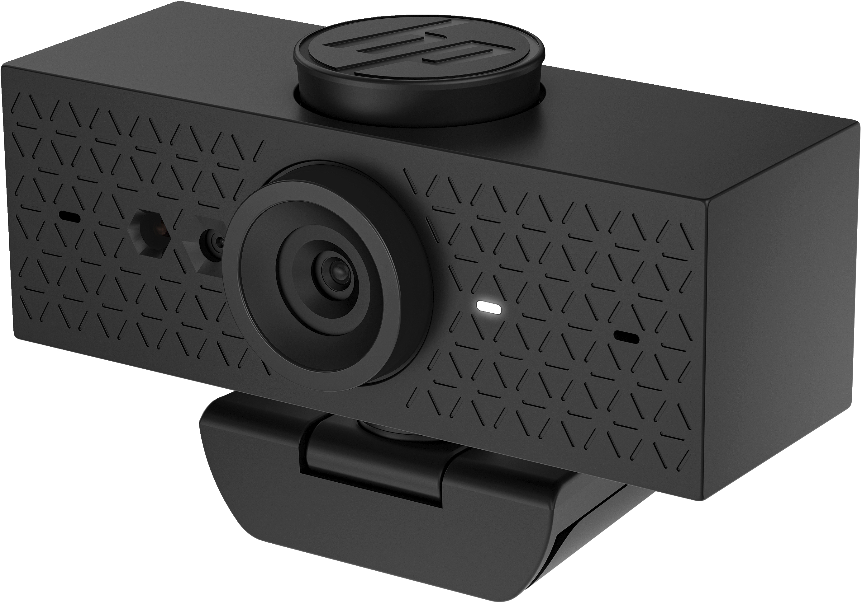 Una webcam HP nera su sfondo bianco. La webcam è rettangolare con una lente.