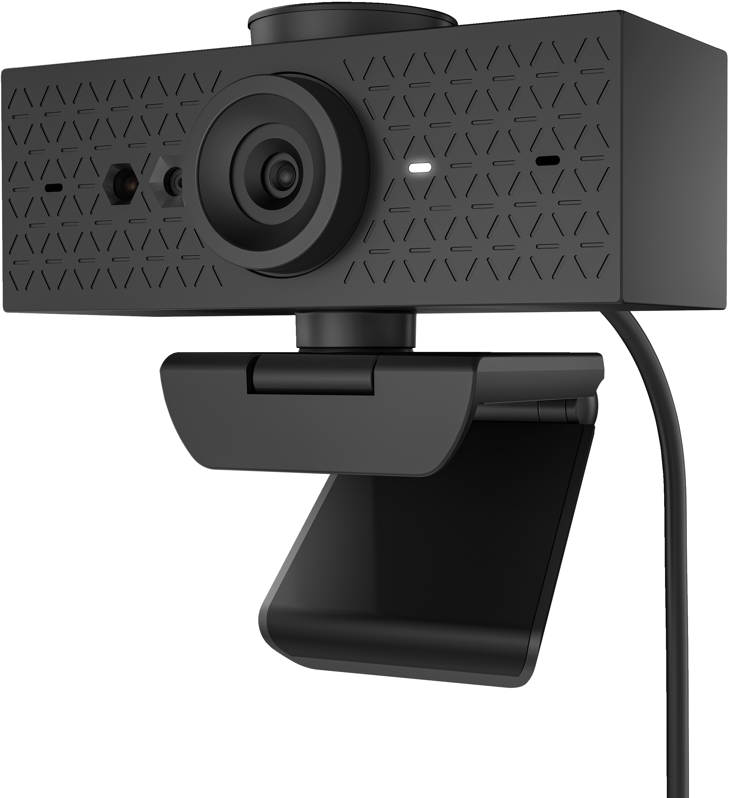 Una webcam nera con obiettivo e supporto, collegata a un cavo nero.