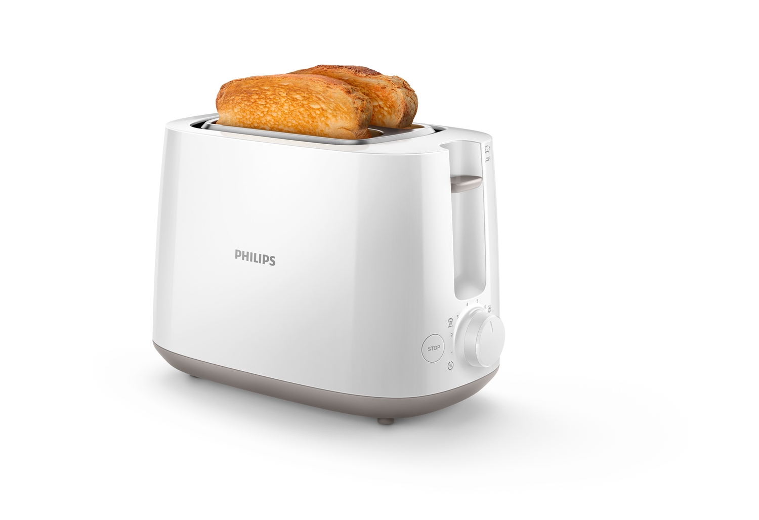 Tostapane Philips bianco con due fette di pane tostato. Il pane è dorato.