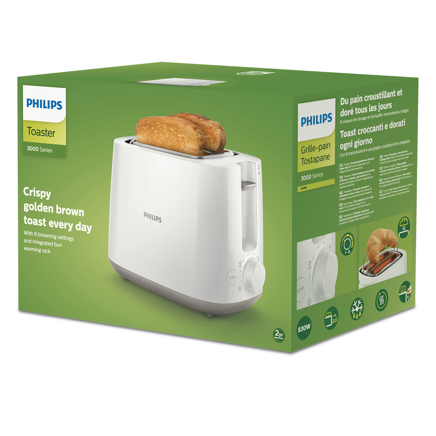 Scatola con tostapane bianco, toast e testo. Marchio Philips.