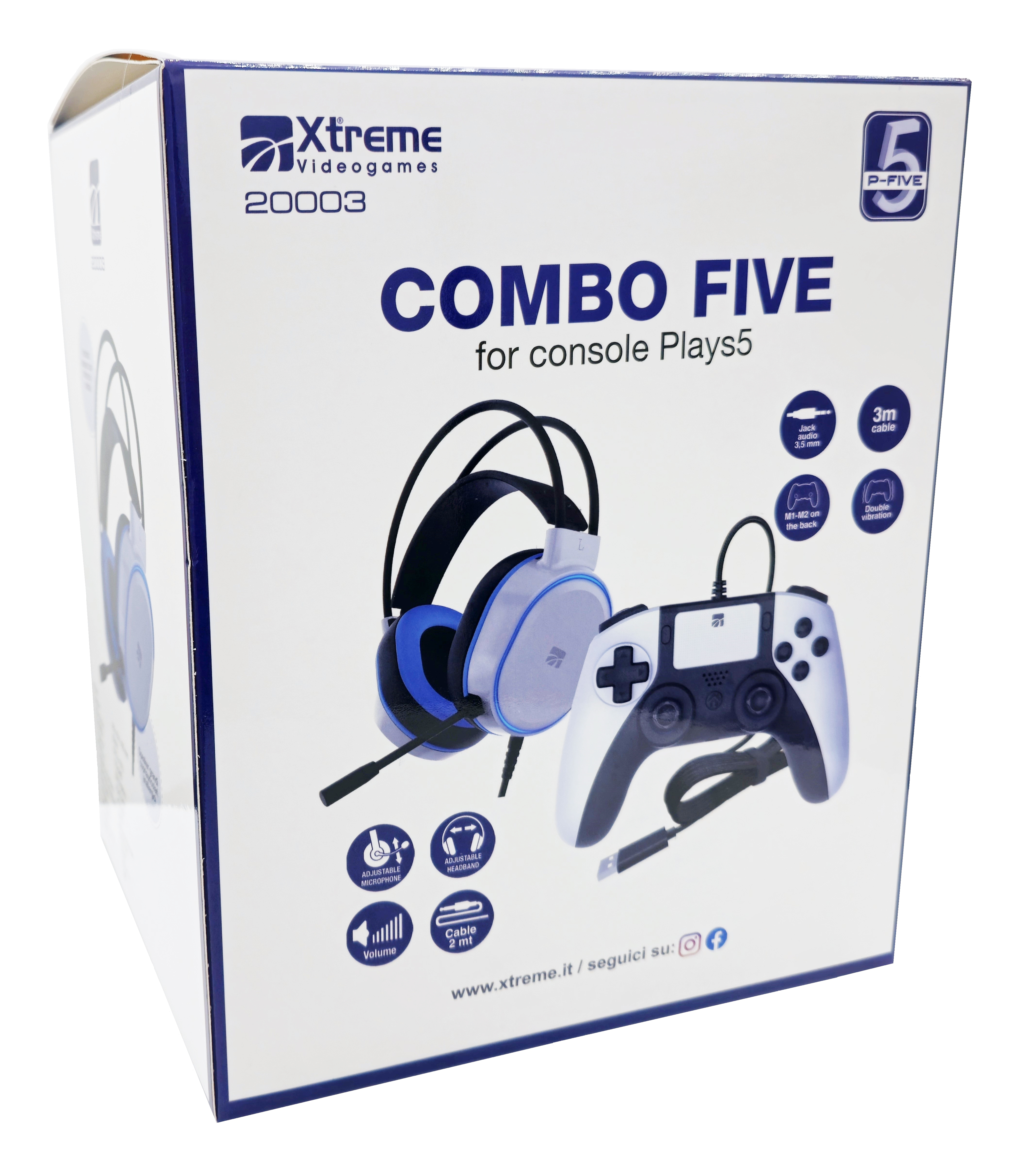 Scatola con cuffie, controller e accessori per Plays5. Presenta il testo combo five.