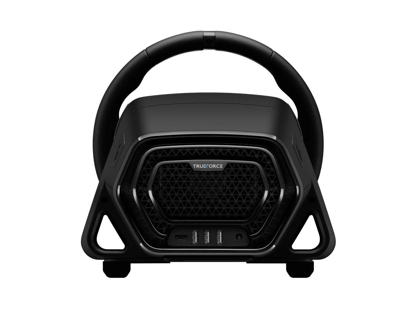 Czarny głośnik z uchwytem. Posiada maskownicę głośnika i trzy porty USB. Widoczne logo Trueforce.