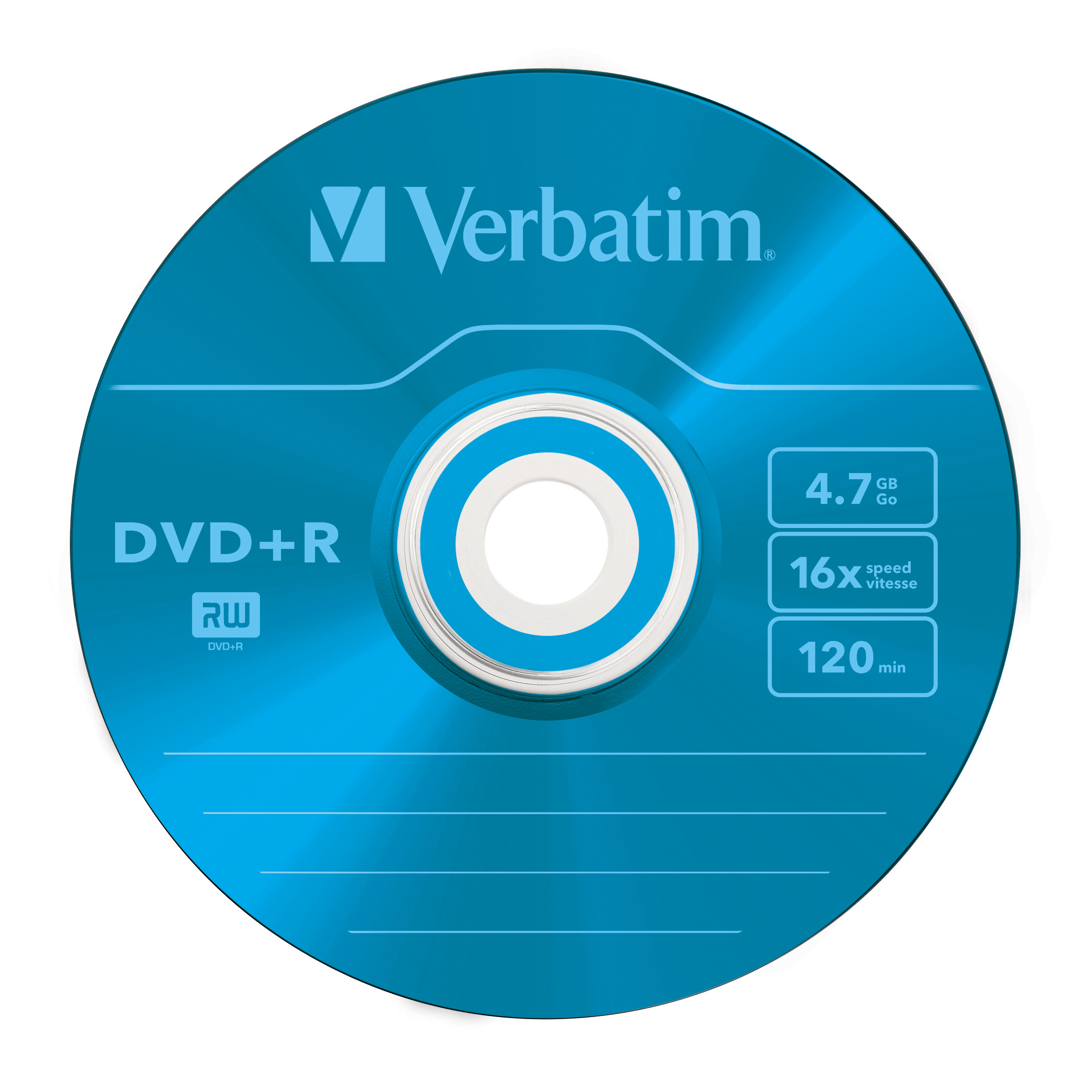 Blaue Verbatim DVD+R Disc mit Labeldetails. Zeigt 4,7 GB Kapazität, 16x Geschwindigkeit und 120 min Aufnahme.