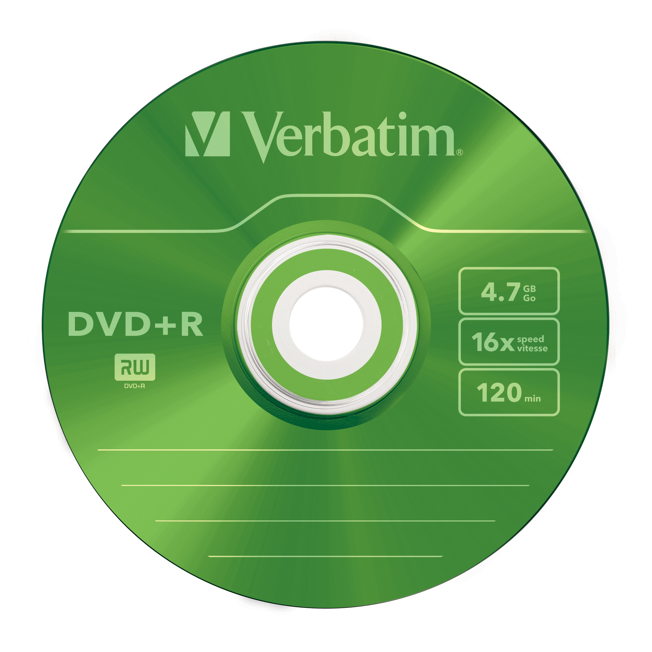 Grüne Verbatim DVD+R Disc mit Labeldetails. Zeigt 4,7 GB Kapazität, 16x Geschwindigkeit und 120 min Aufnahme.