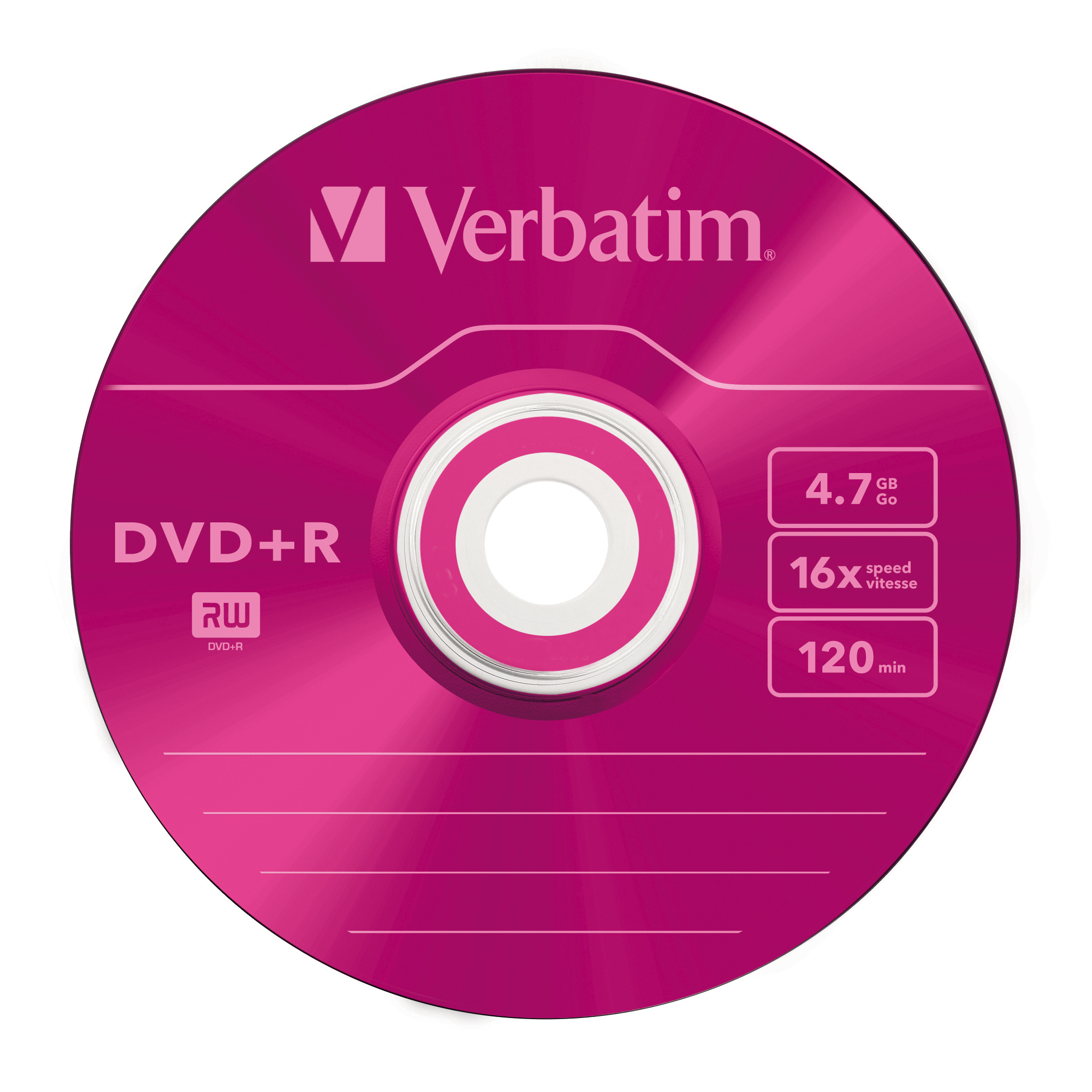 Pinke Verbatim DVD+R Disc mit Labeldetails. Zeigt 4,7 GB Kapazität, 16x Geschwindigkeit und 120 min Aufnahme.