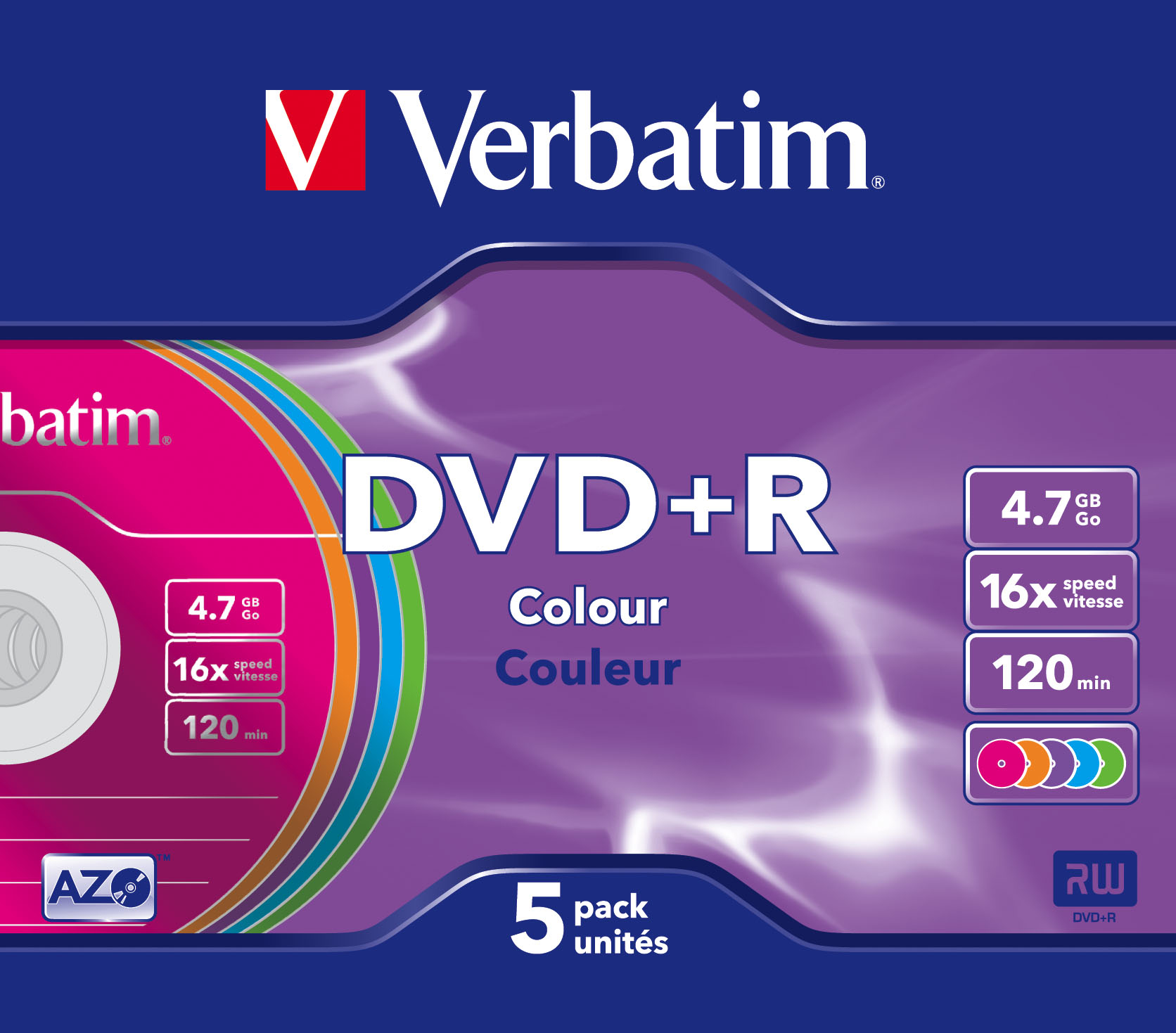 Packung mit 5 Verbatim DVD+R Discs. Farbige Discs mit Etiketten. Kapazität ist 4,7 GB, 16x Geschwindigkeit und 120 min.