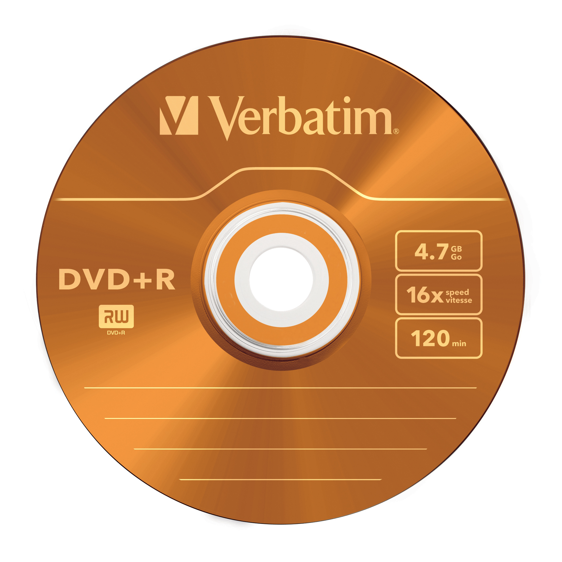 Orange Verbatim DVD+R Disc mit Labeldetails. Zeigt 4,7 GB Kapazität, 16x Geschwindigkeit und 120 min Aufnahme.