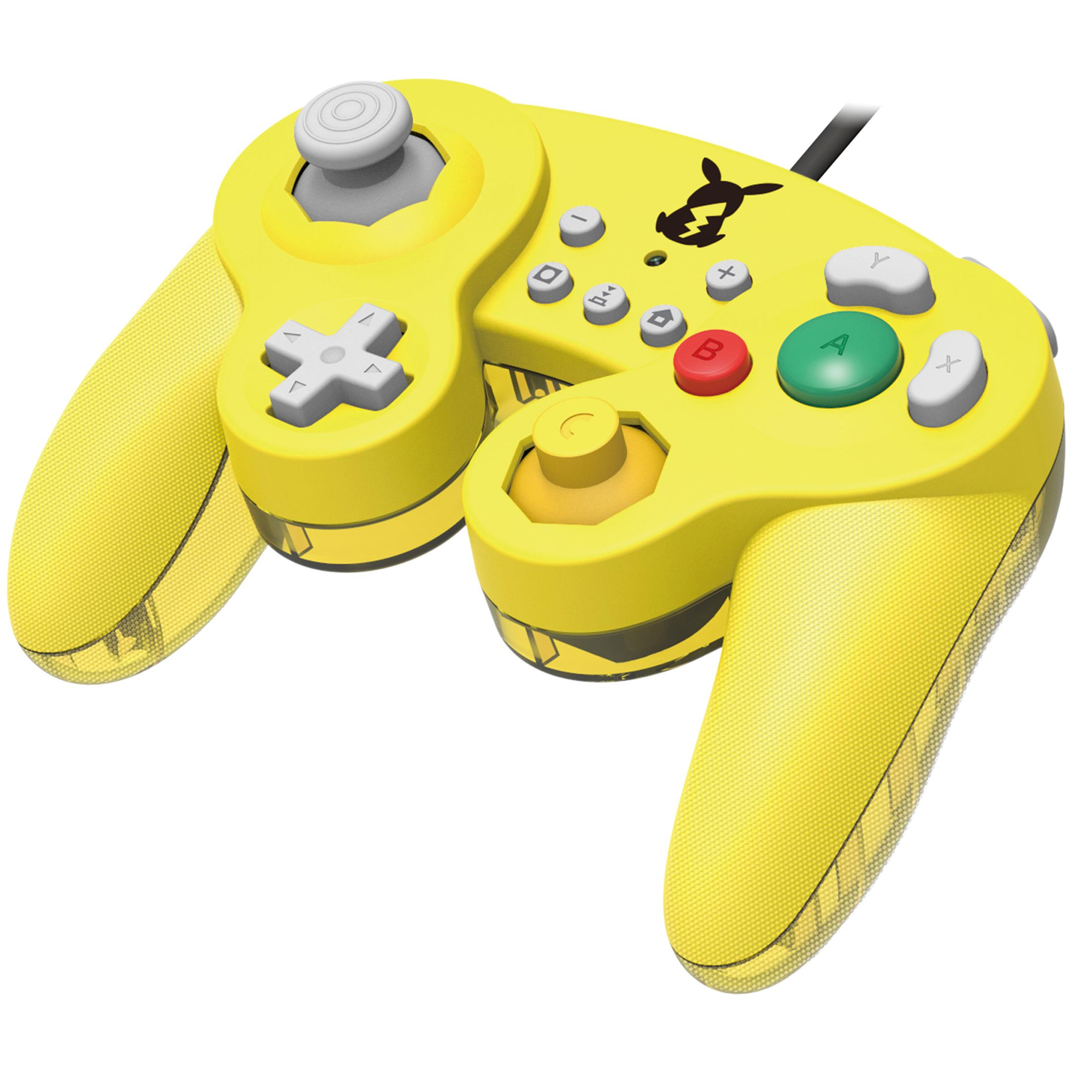Żółty kontroler GameCube z grafiką Pikachu. Przyciski: zielone A, czerwone B, białe X i Y.