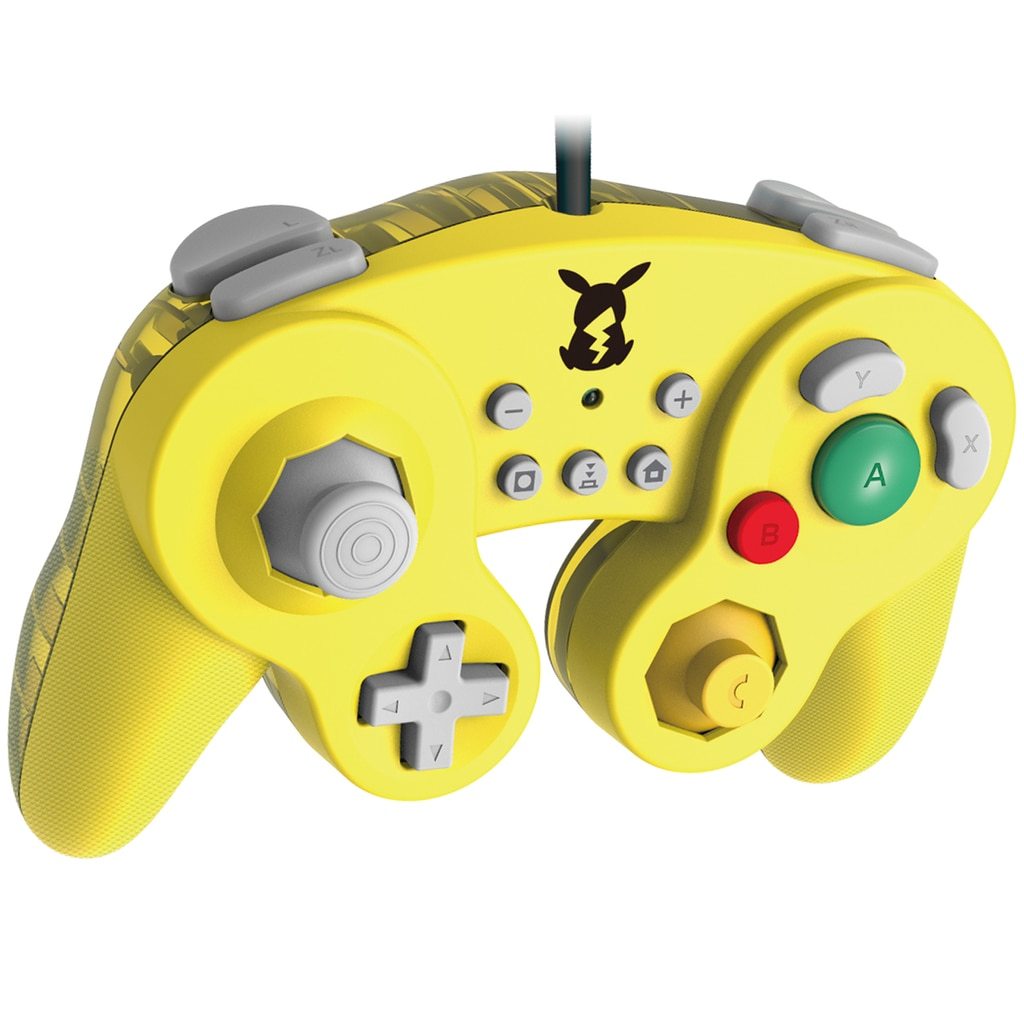 Żółty kontroler GameCube z motywem Pikachu i przewodem. Przyciski są w różnych kolorach.